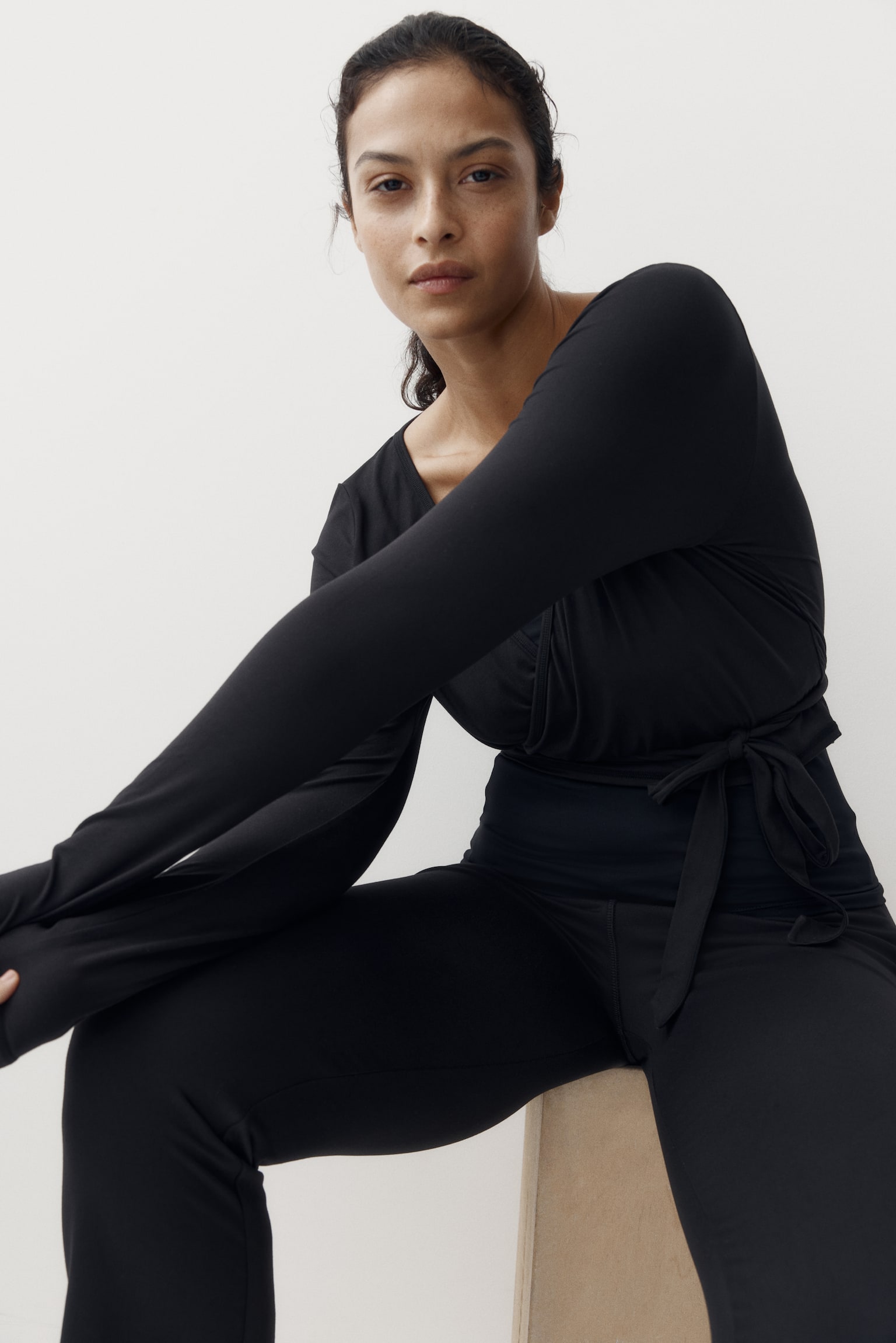 Brushed jersey wrap top - Black/Light pink/Dark brown - 3