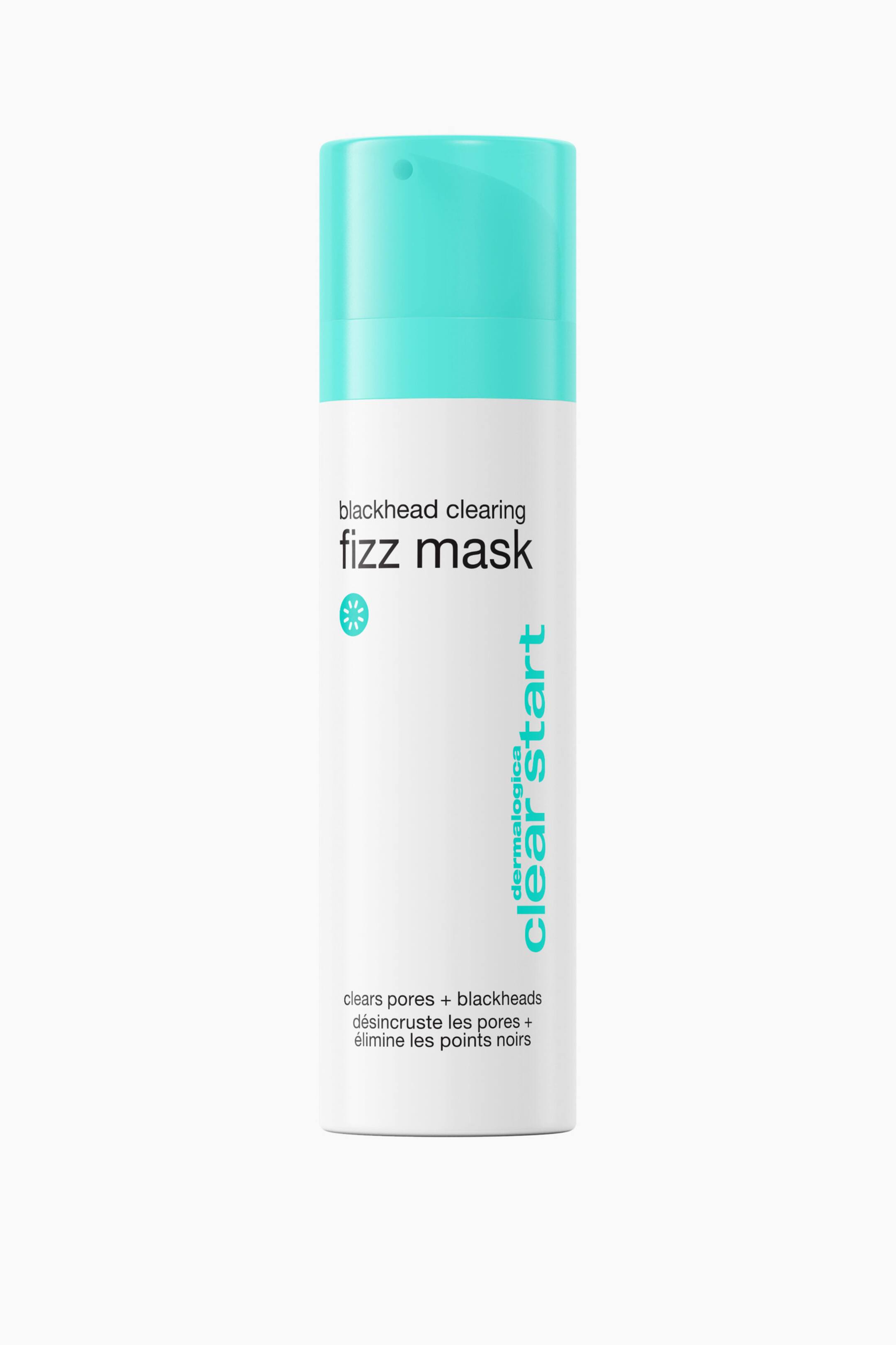 Visa större bild: En cylindrisk flaska med Blackhead Clearing Fizz Mask står upprätt och vänd framåt, och visar en vit kropp toppad med ett klart turkost pumpkork. Framsidan av flaskan visar produktnamnet i svarta gemener och varumärket ”clear start” vertikalt i turkost.