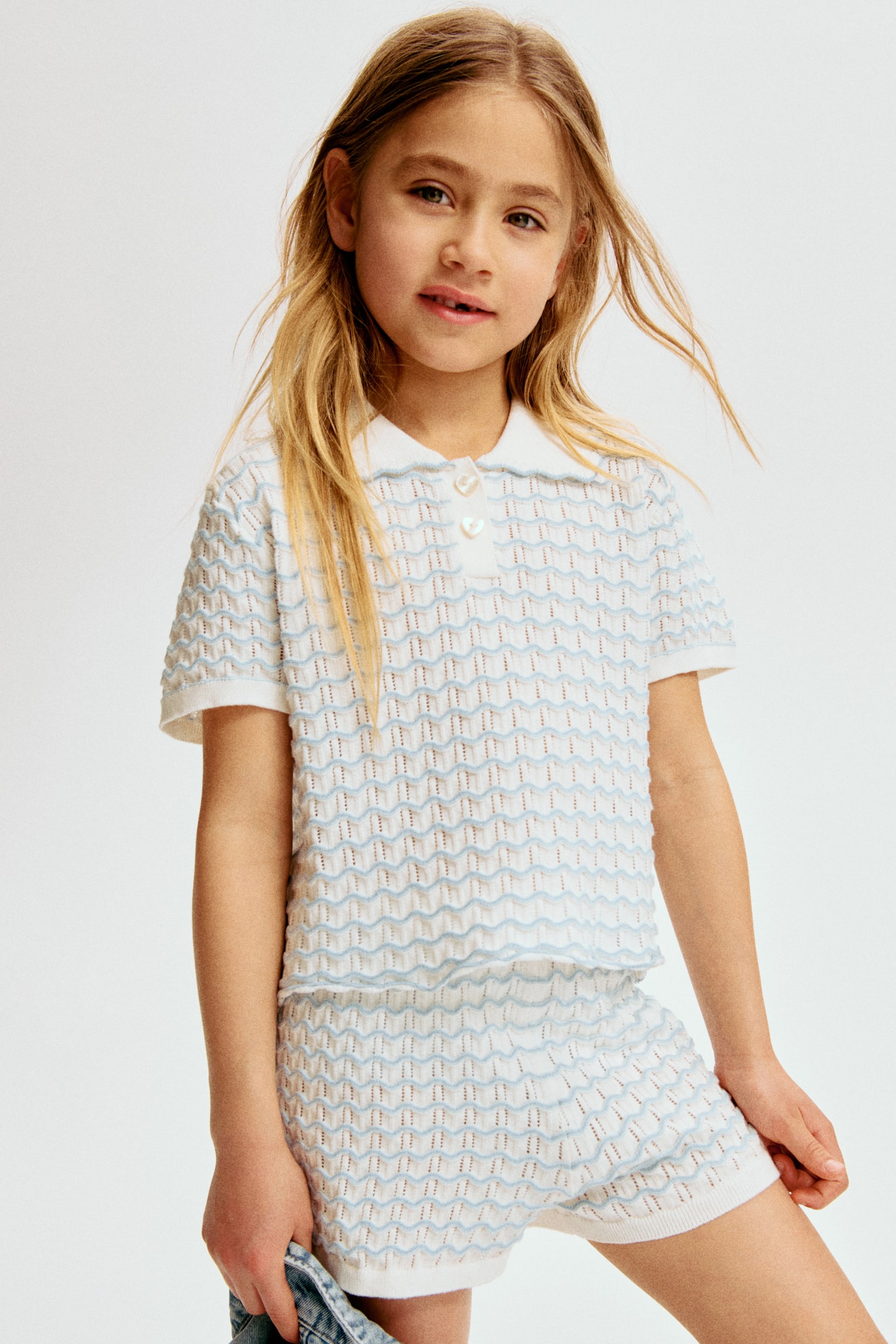 2-piece Pointelle Knit Set - White/Zigzag pattern - 1
