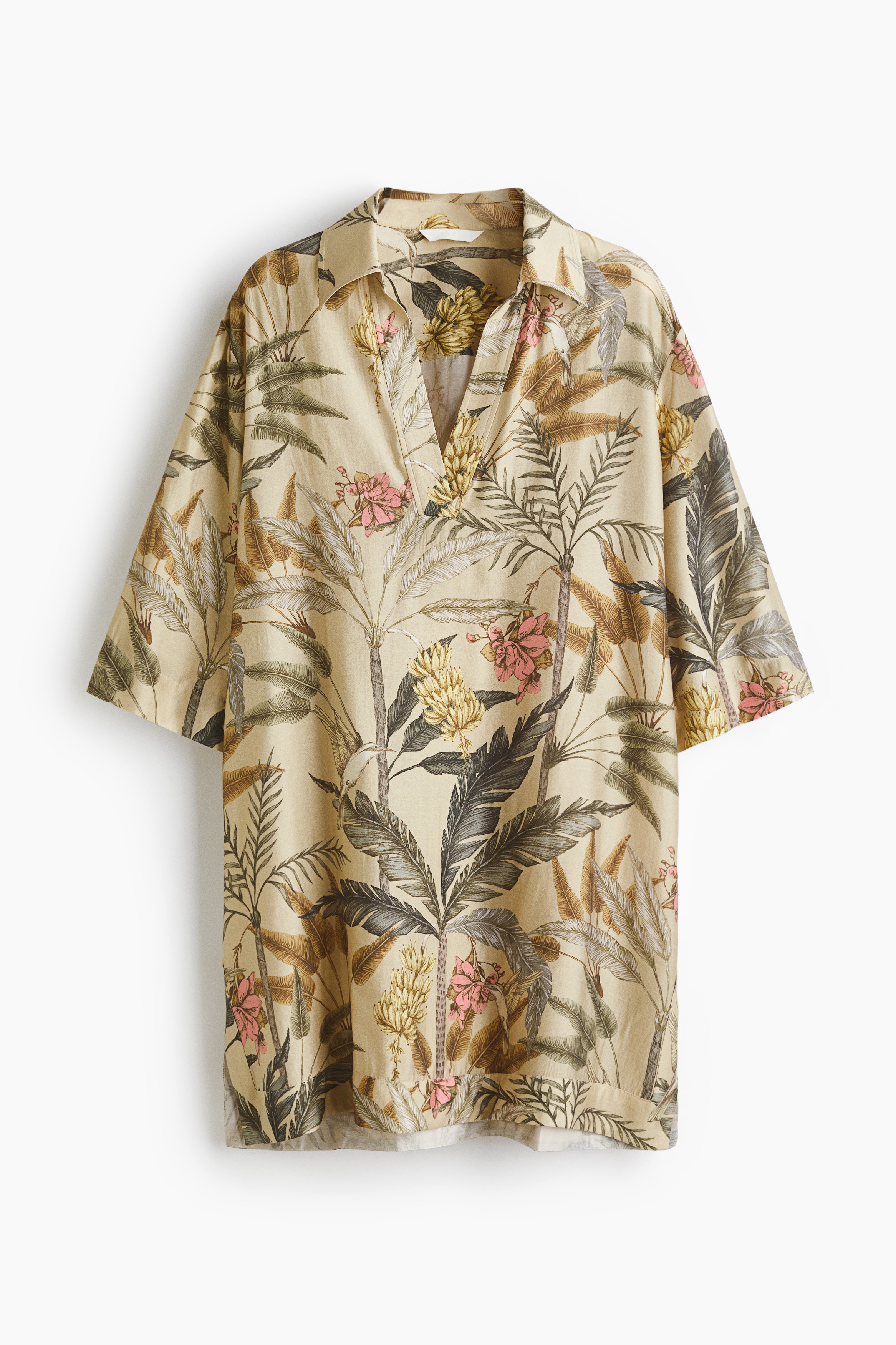 Loose-Fit Tunic Dress - Beige/plants