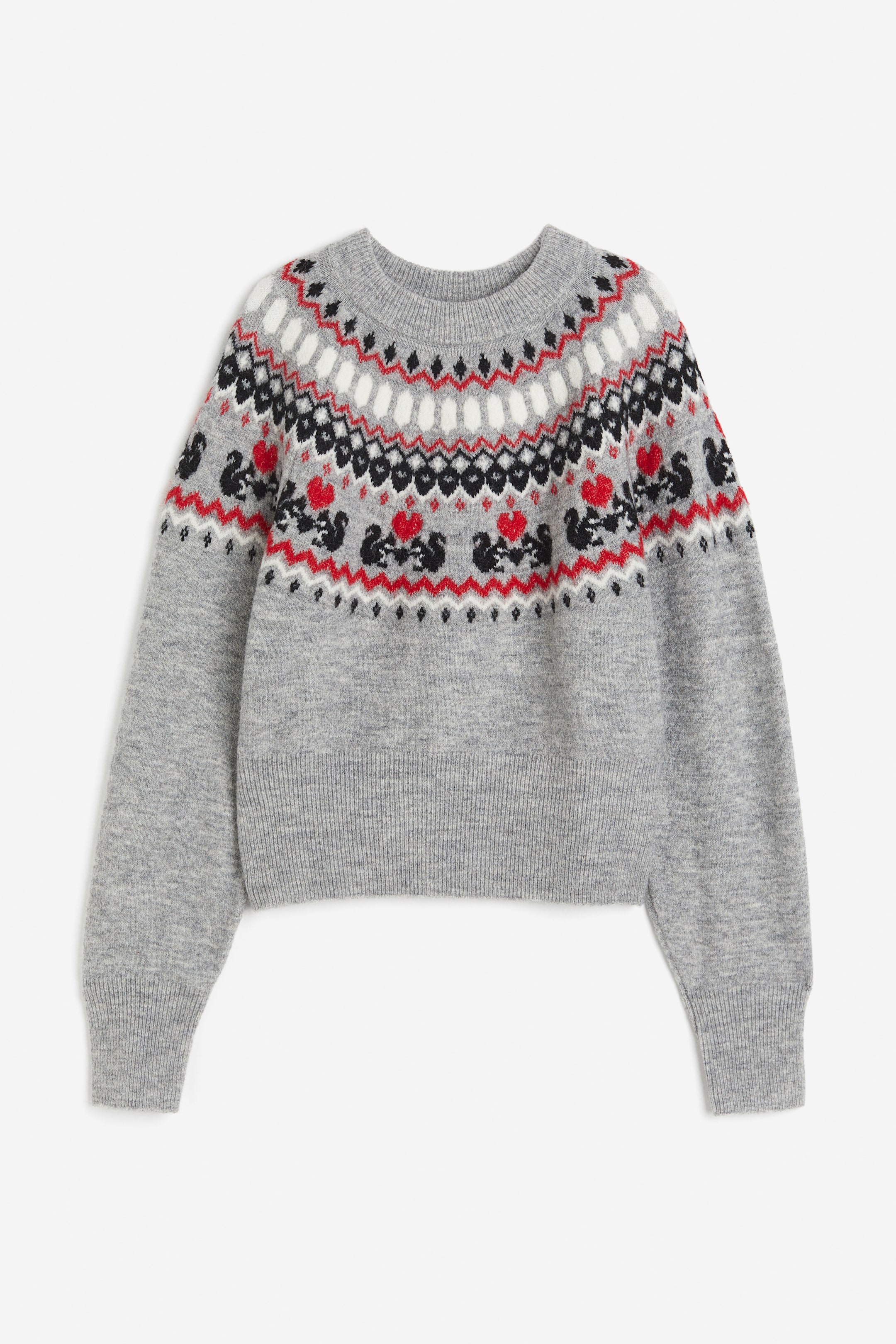 Jacquard-knit jumper - Round neck - Long sleeve - Light grey marl ...