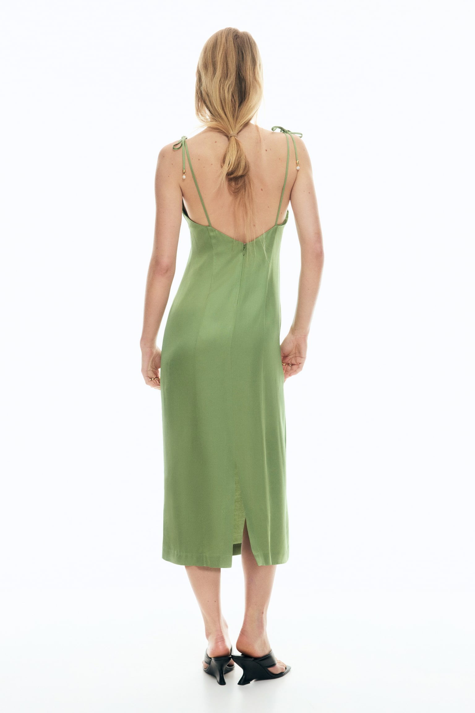 Tie-Strap Satin Dress - Green - 3