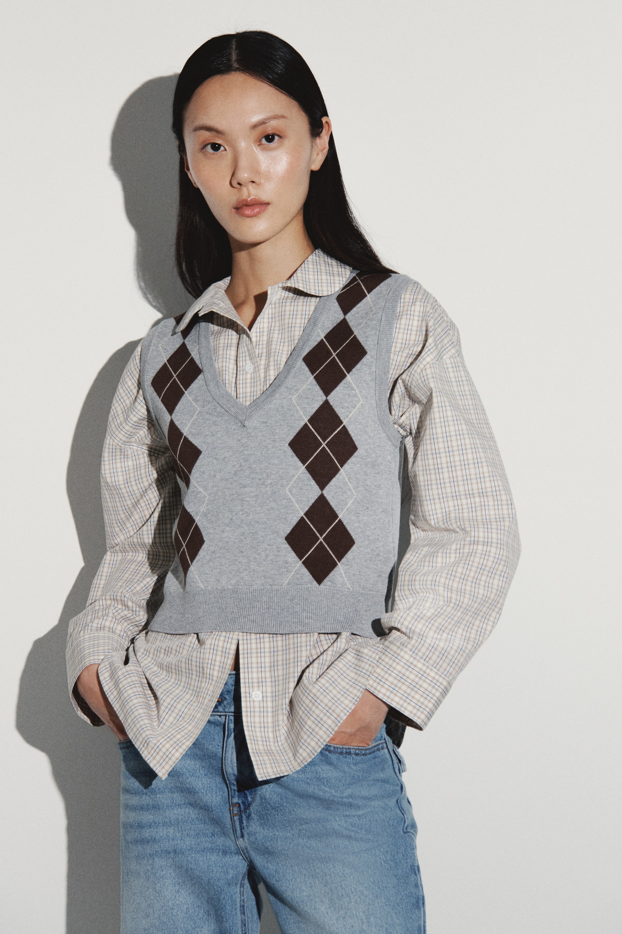 이미지 확대 보기: 자카드 니트 스웨터 베스트 - 그레이 멜란지/아가일 패턴 - 여성 | H&M KR 1