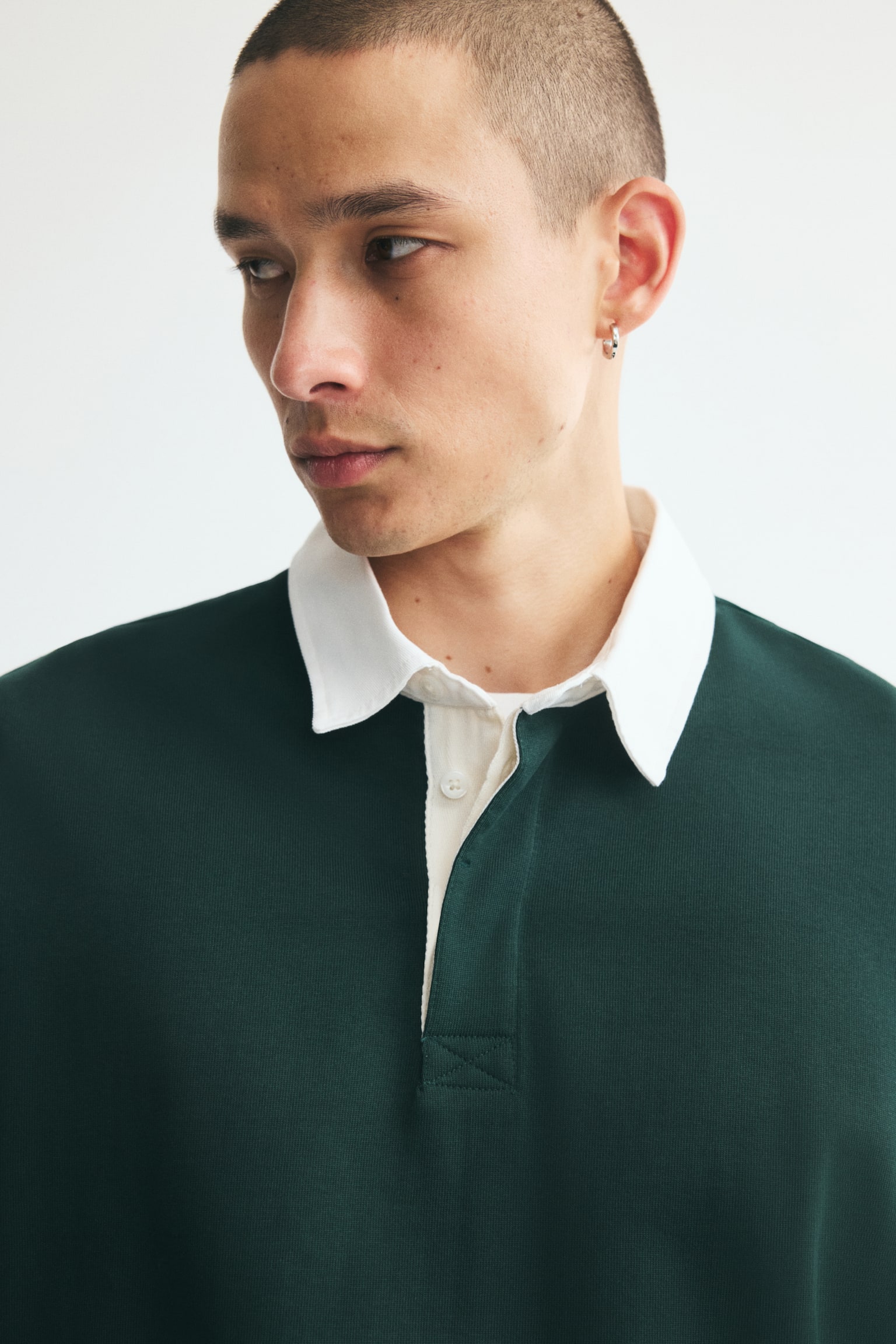 Мужская рубашка H&M Relaxed-Fit Cotton Rugby Shirt, цвет: Зелёный / Белый — фото 4