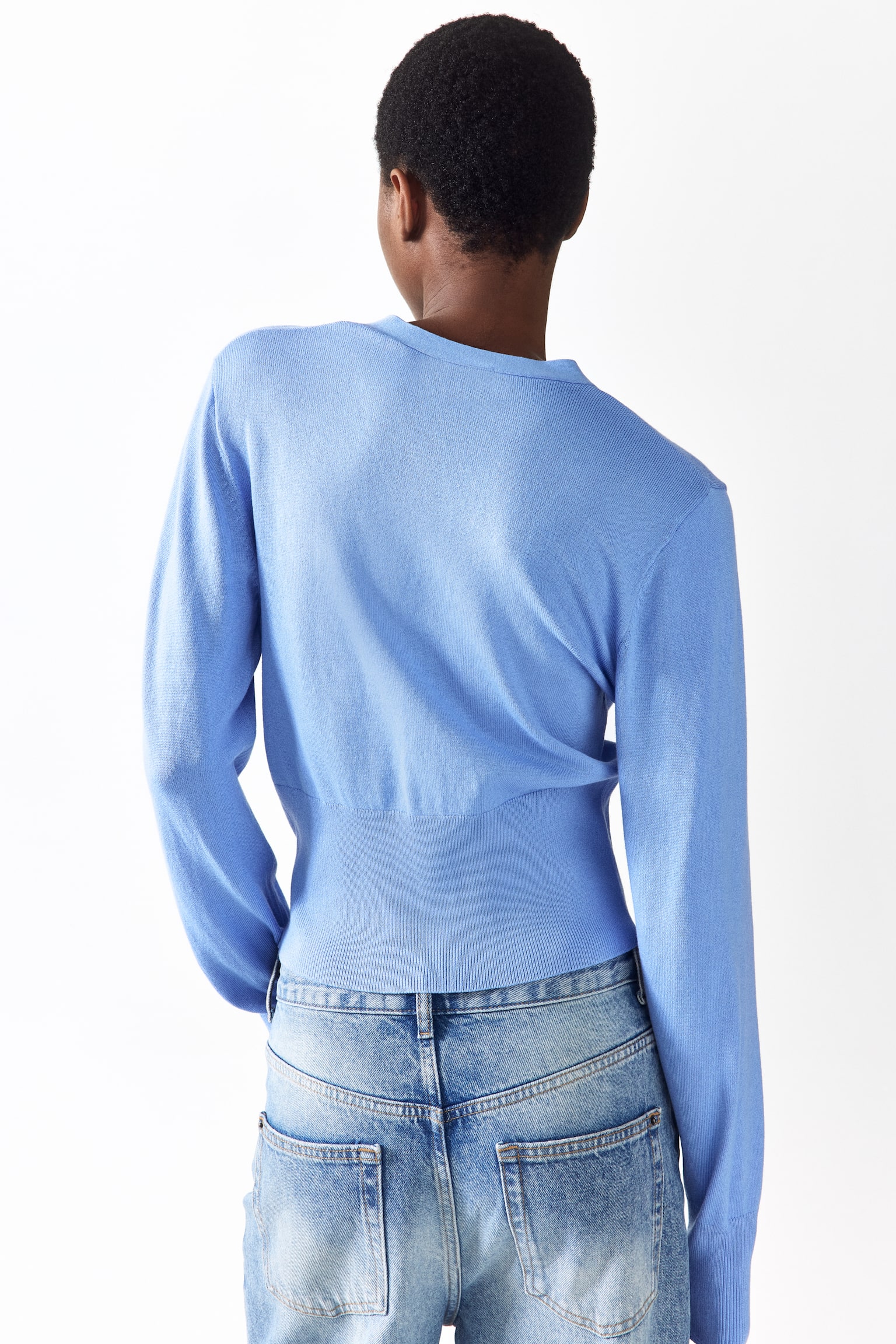 Fine-knit cardigan - Dusty blue/White/Dark brown - 6