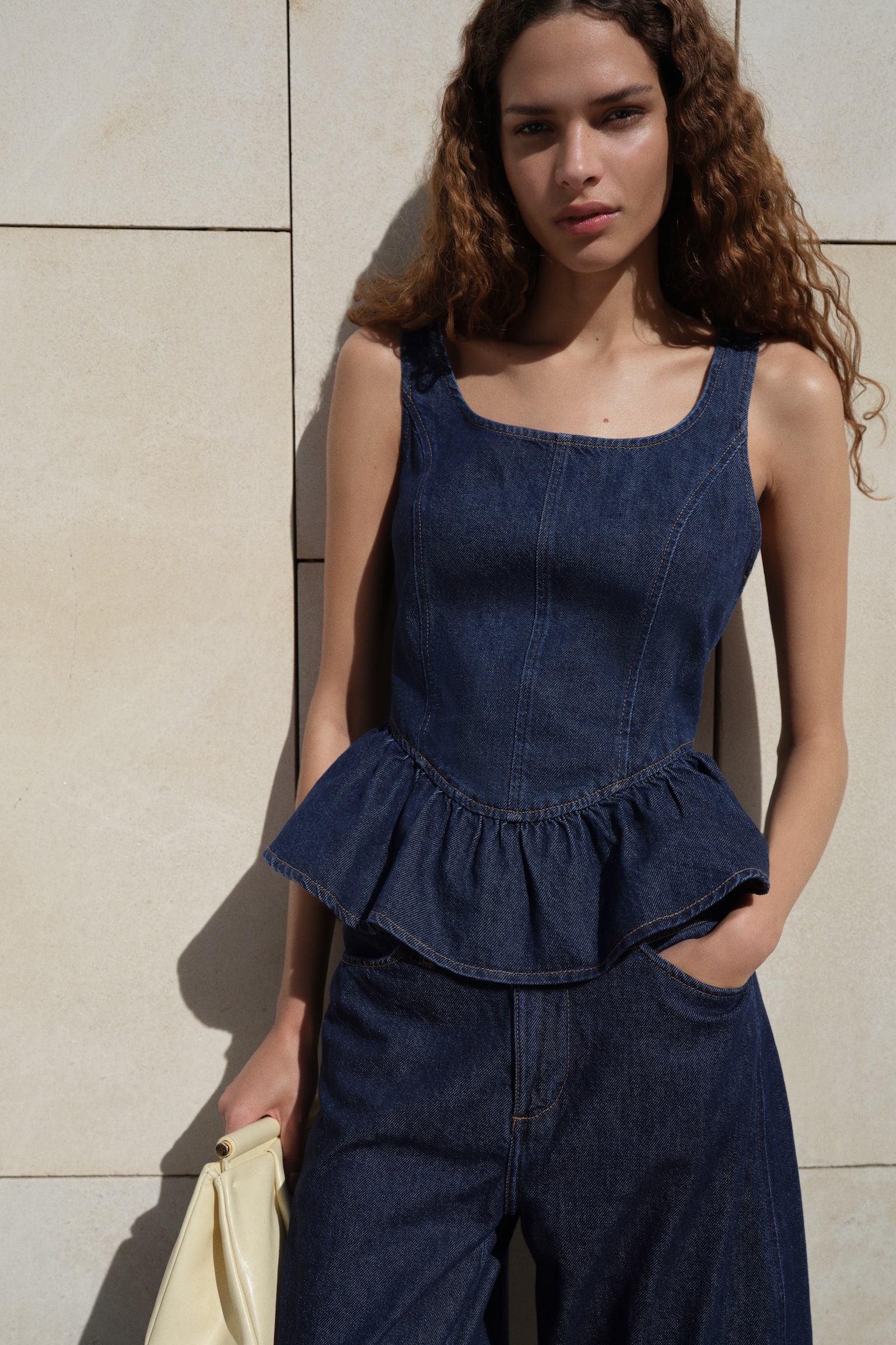 Denim peplum top - Mørk denimblå - 2