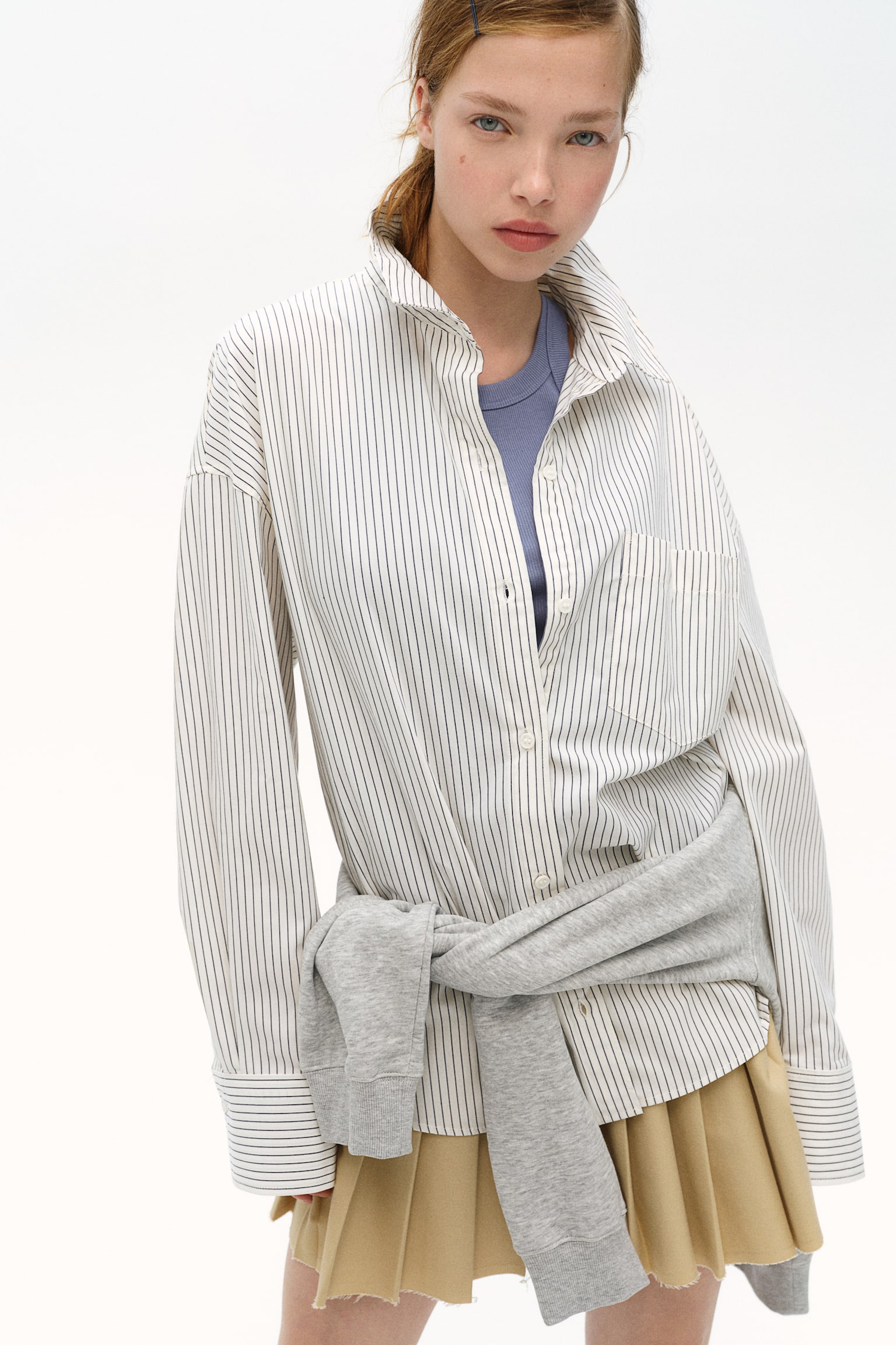 Oversized cotton shirt - White/Striped/Light beige/Pinstriped/White - 1