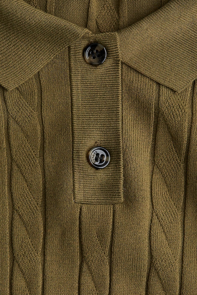 Cable-knit polo shirt-Khaki green - 6