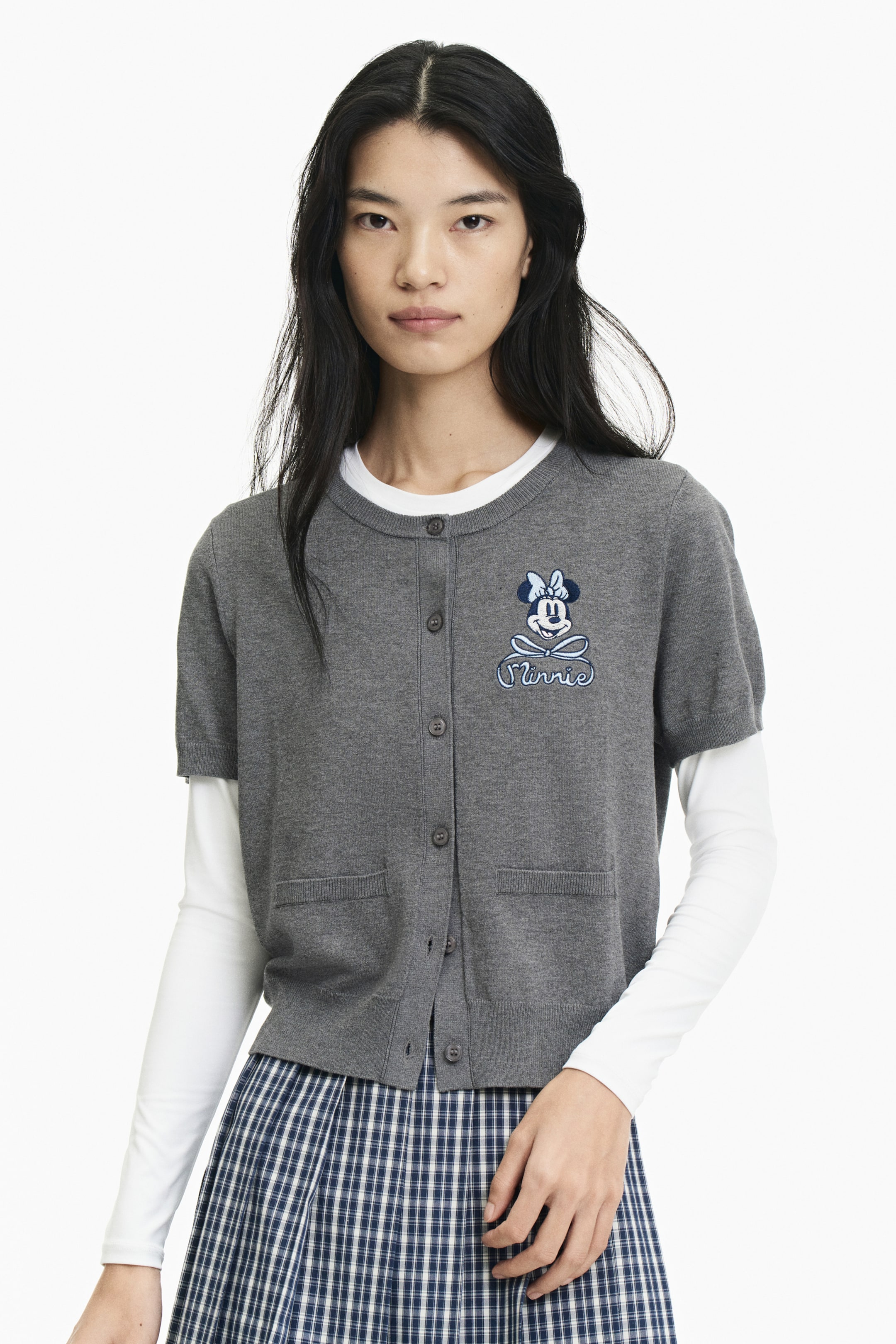 拡大画像を表示: 刺繍半袖カーディガン - グレーメランジ/ミニーマウス - レディース | H&M JP 1