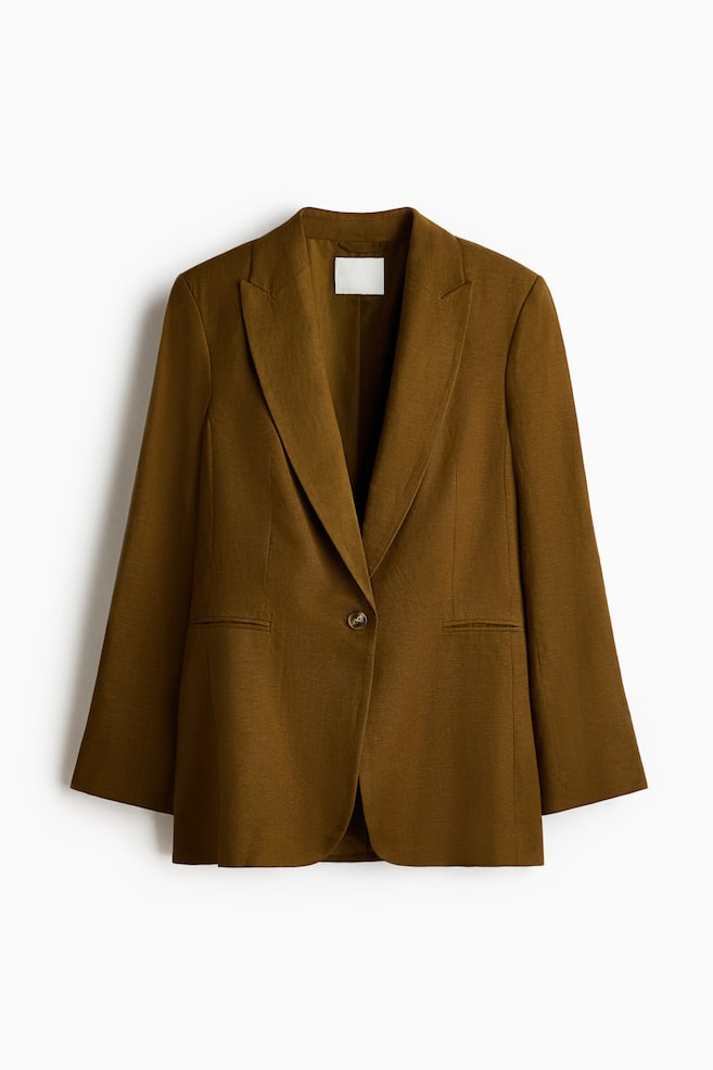 Linen-Blend Blazer - Dark khaki green - 1