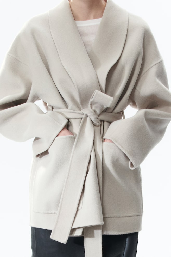 Tie-belt wool coat - Light greige/Dark grey - 1