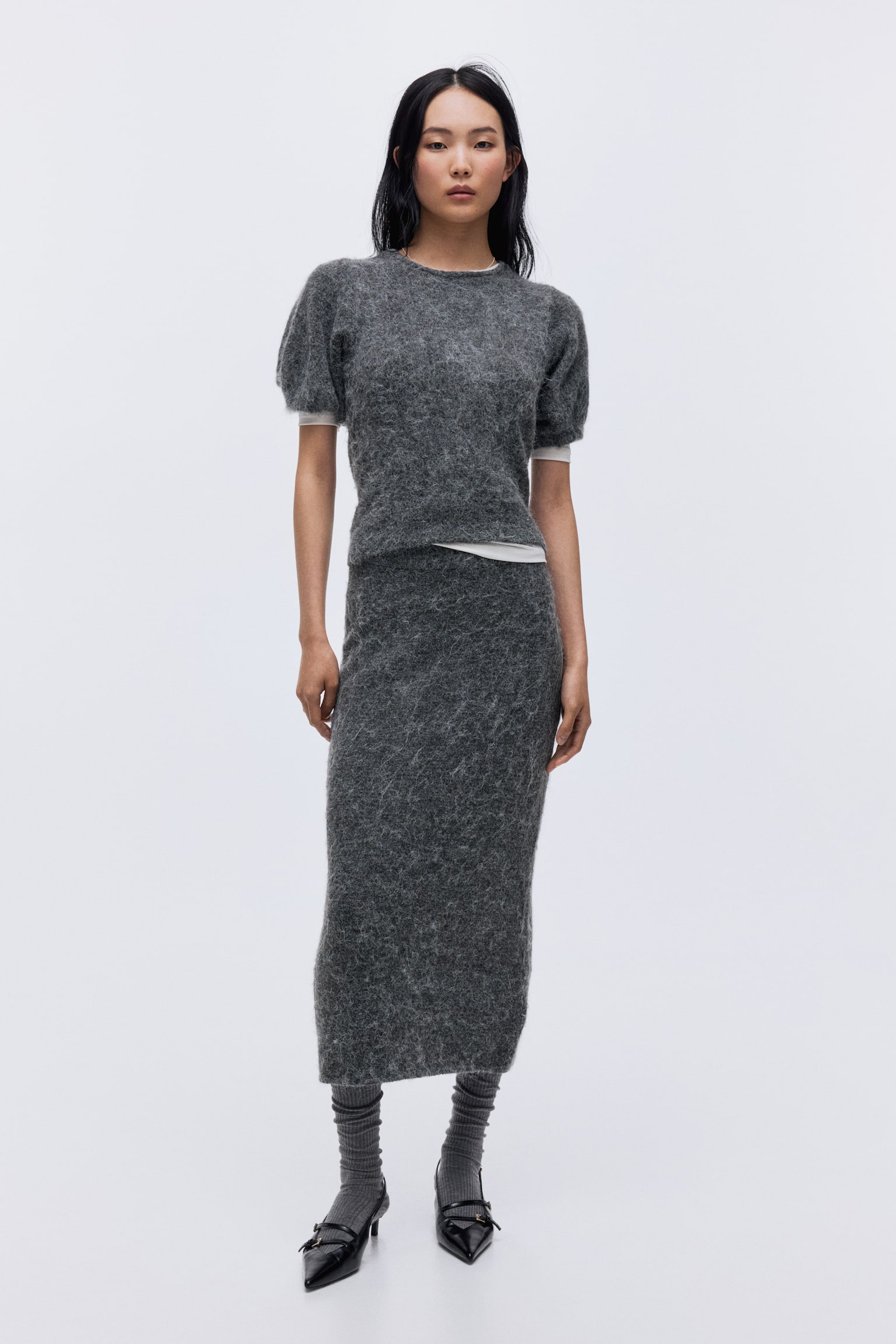 Knitted puff-sleeved top - Grey marl - 3