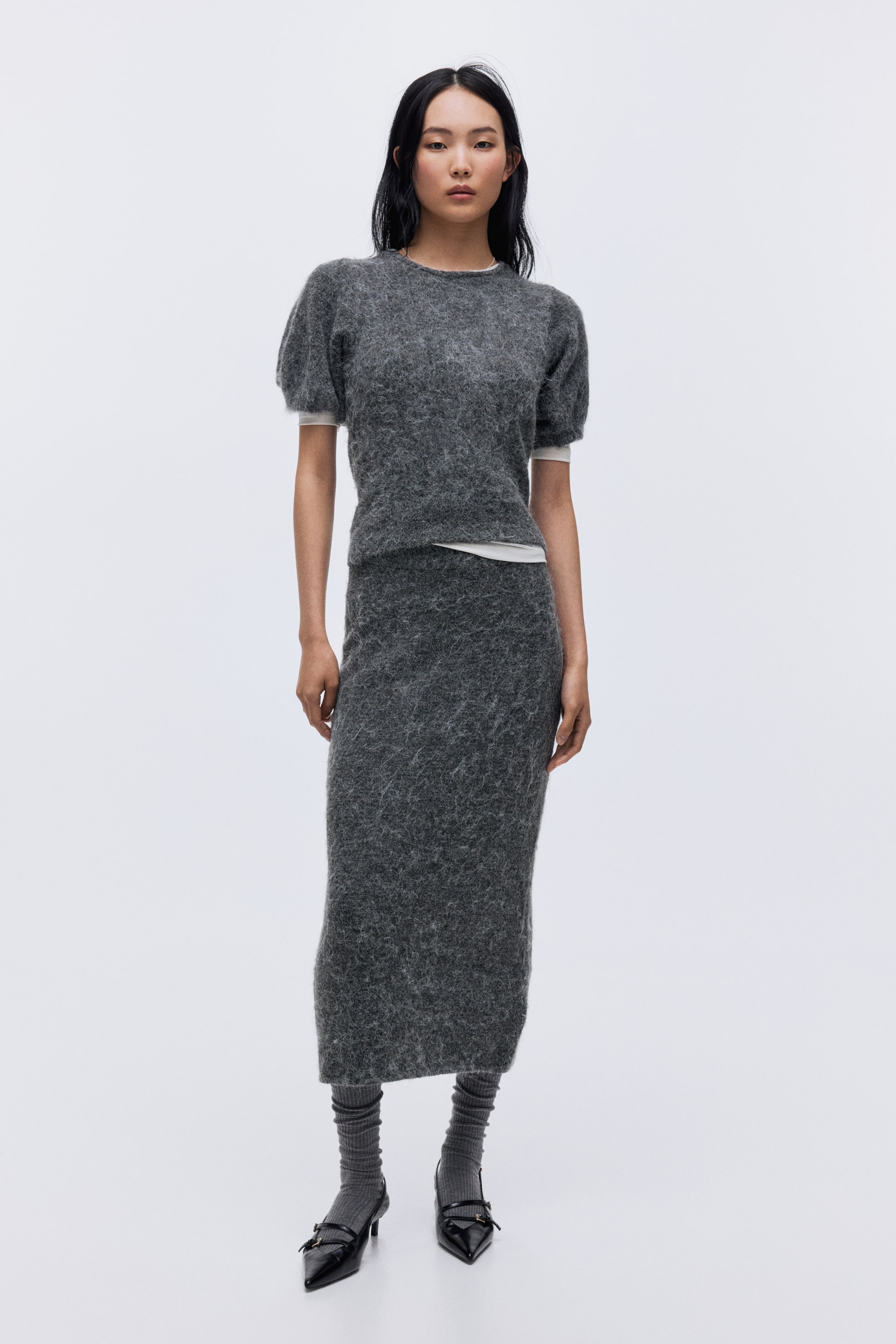 Zobraziť väčší obrázok: Knitted puff-sleeved top - Grey marl - ŽENY | H&M SK 3