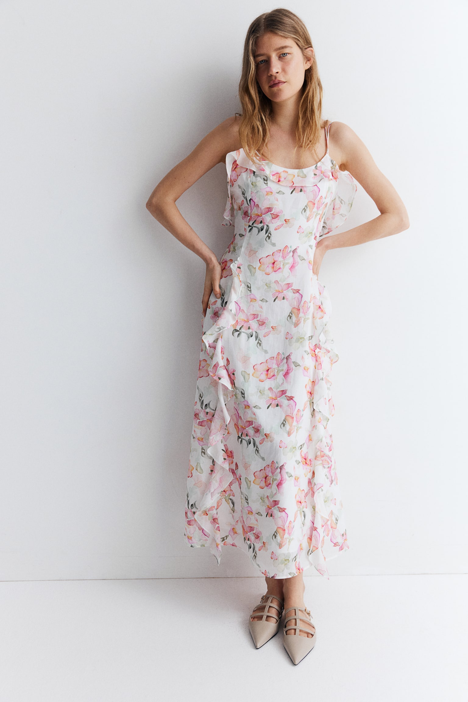 Flounce Trim Strappy Dress - White/Floral/Powder pink - 6