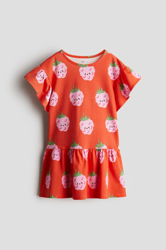 Flutter-sleeved cotton dress - Bright red/Raspberries - 1