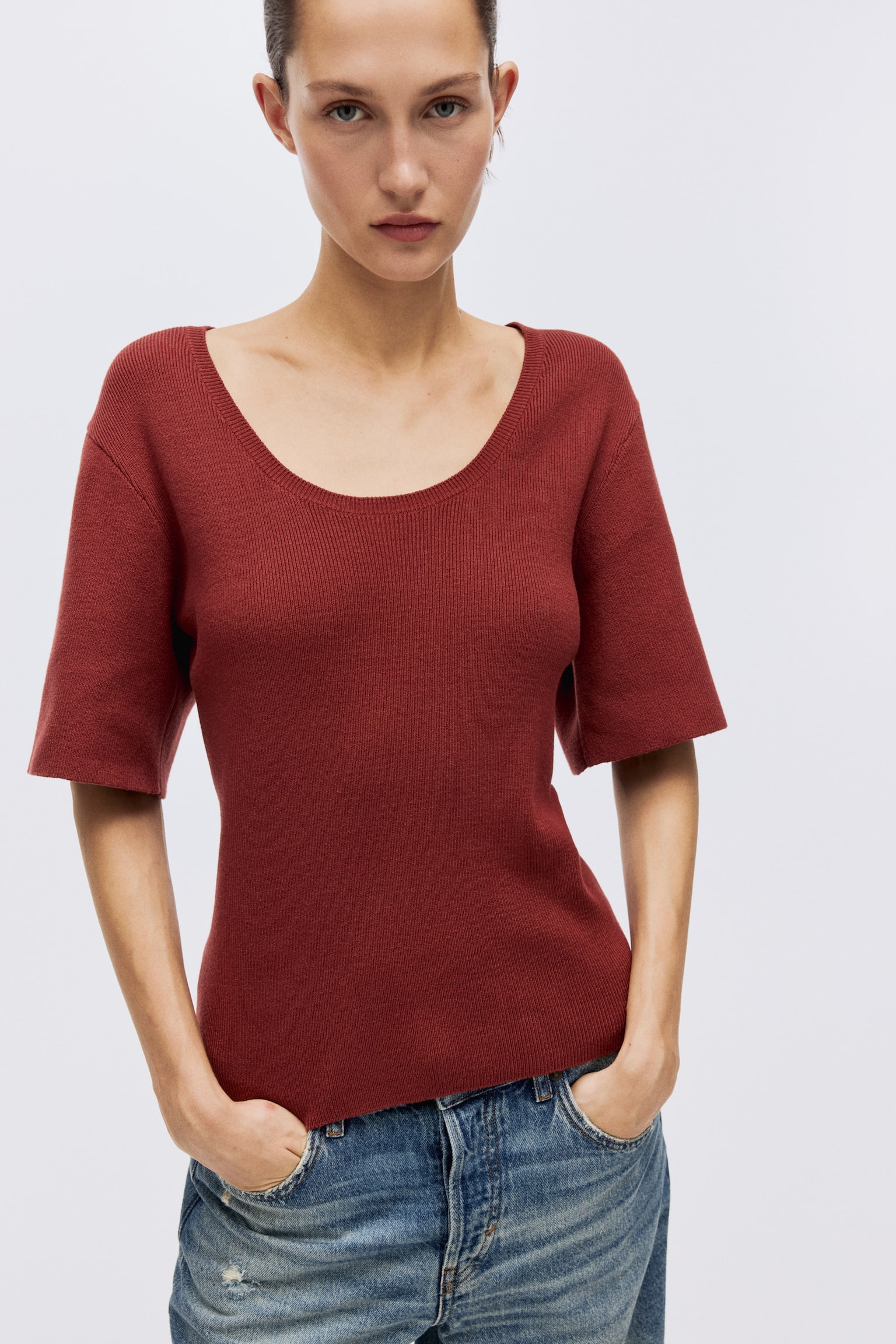 Fine-knit T-shirt - Dark red/Black/Cream - 3
