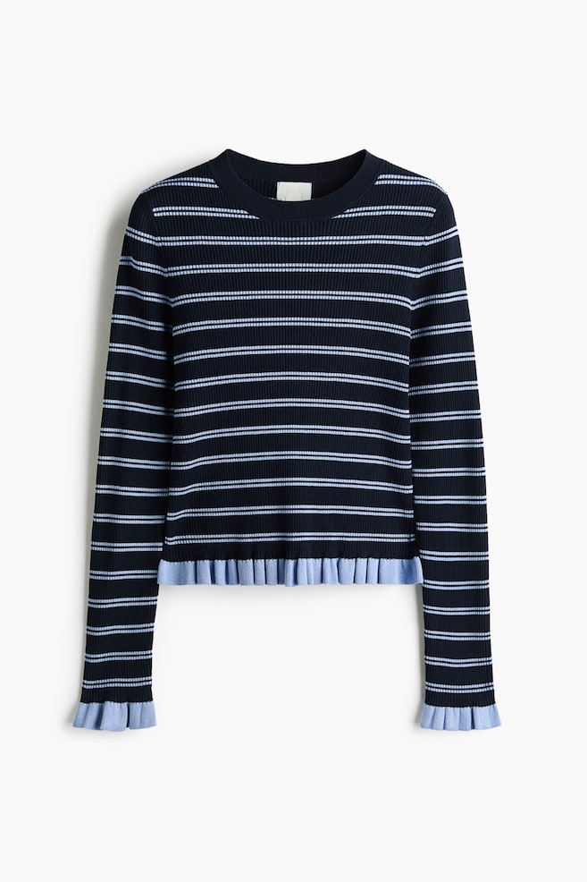 Ruffle-Trimmed Rib-Knit Top - Navy blue/striped/Cream/Cream/striped - 1
