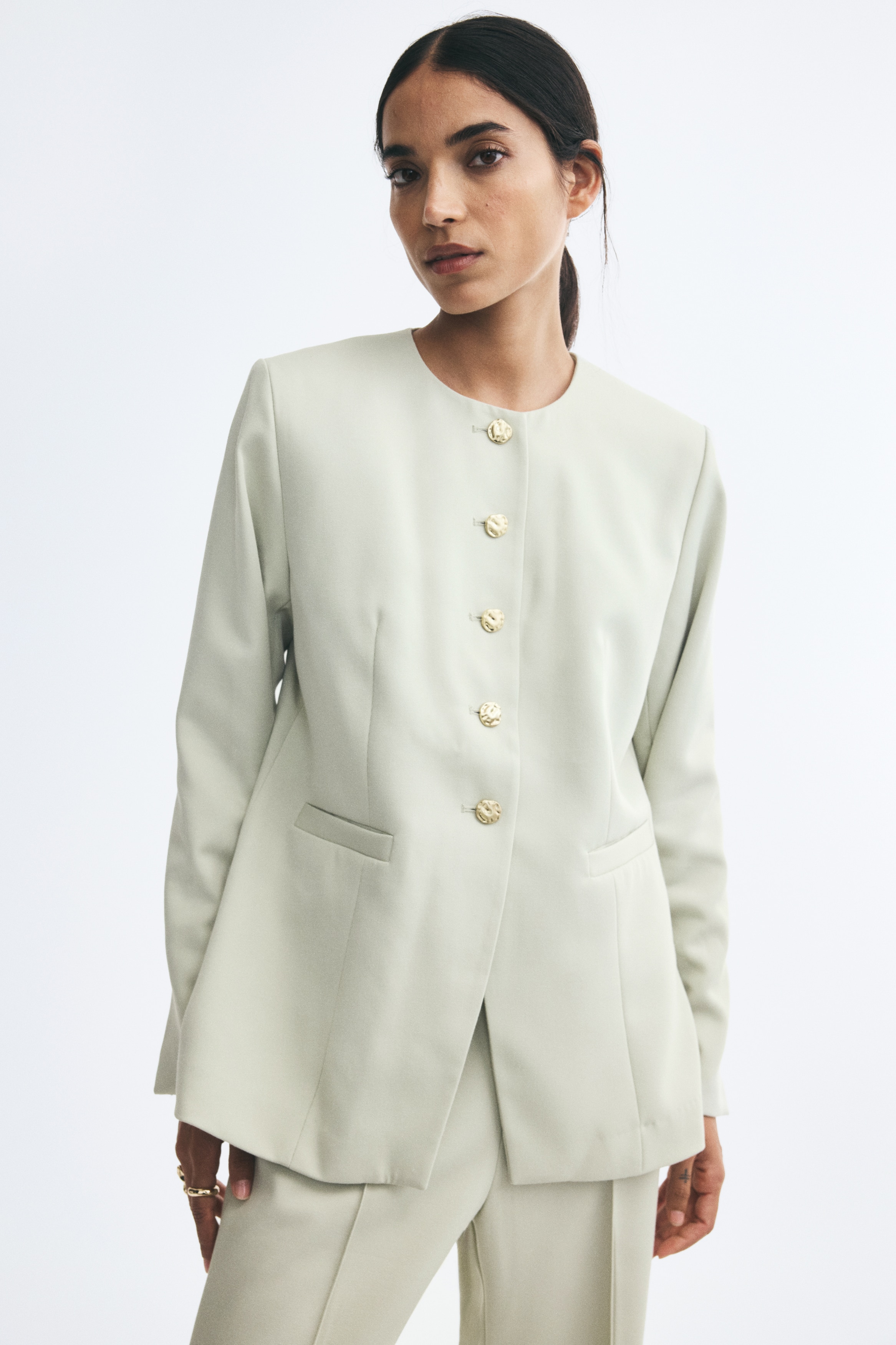 Single-breasted twill blazer - Light dusty green/Navy blue