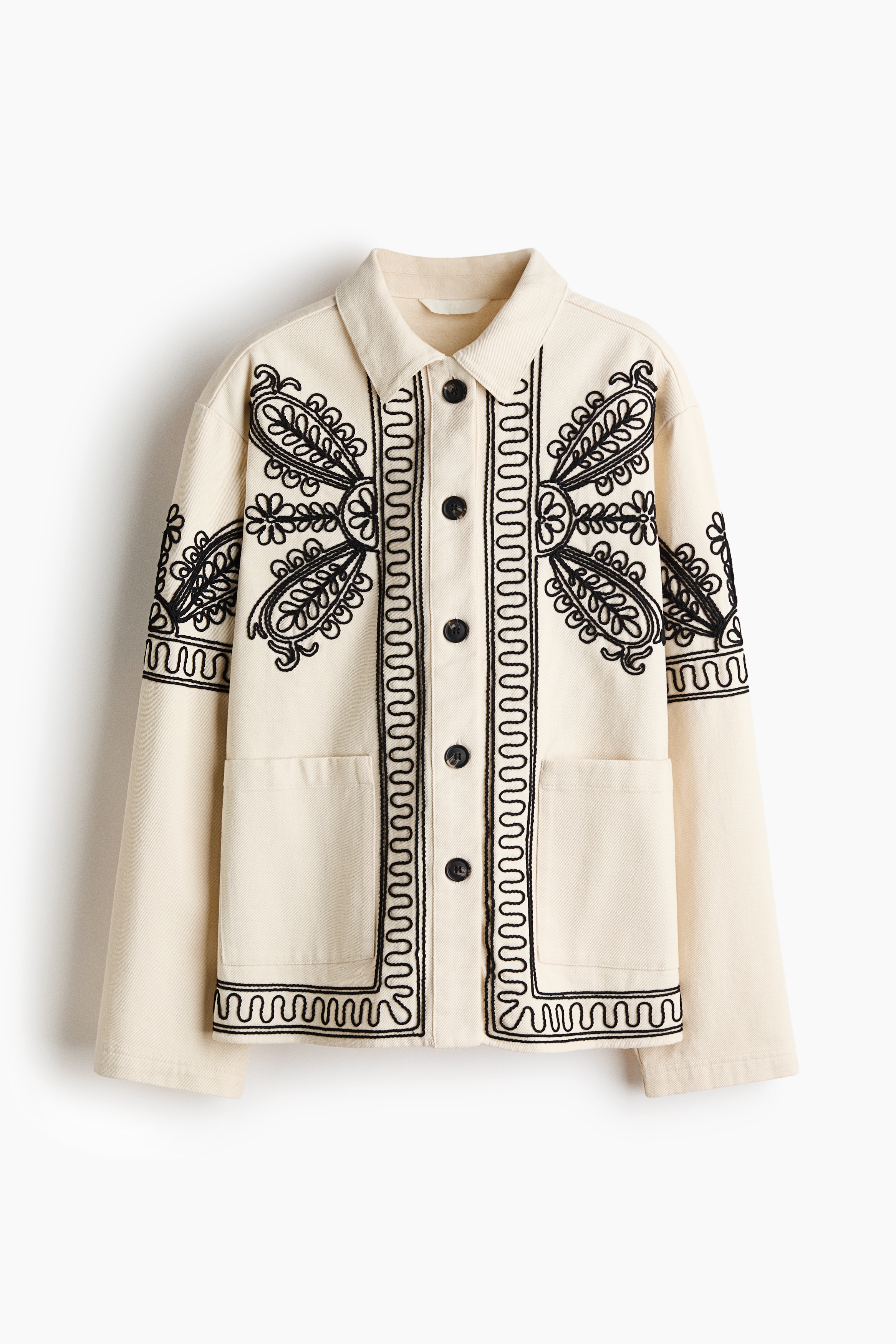 Casaco em sarja com motivos bordados - Bege claro/Preto