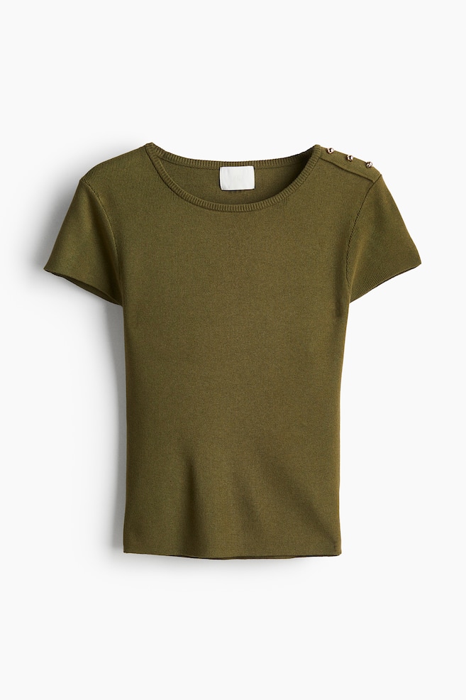 Fine-knit T-shirt - Dark khaki green/Cream/Bright red/Burgundy/Cream/Black striped/White/Cream - 1