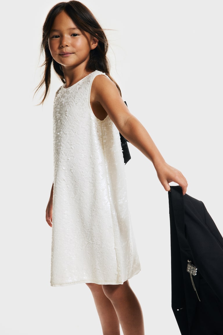 Hm Bow Detail Sequined Dress White & Black, Girl's Dresses And Skirts, 5 - 6 Years, Printmulti, Polyester