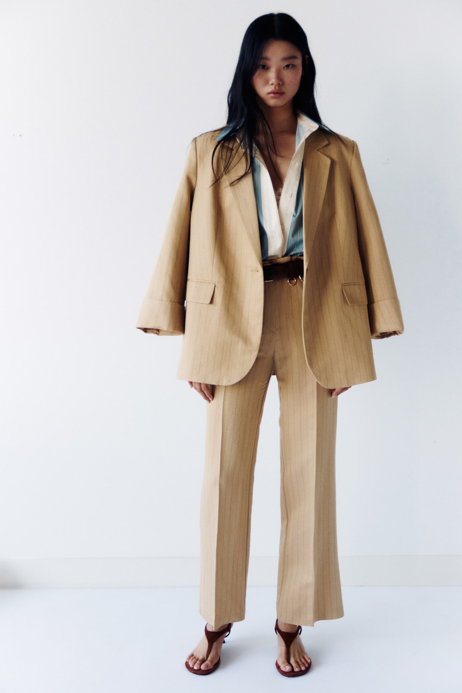 Tailored linen-blend trousers - Beige/Pinstriped - 6