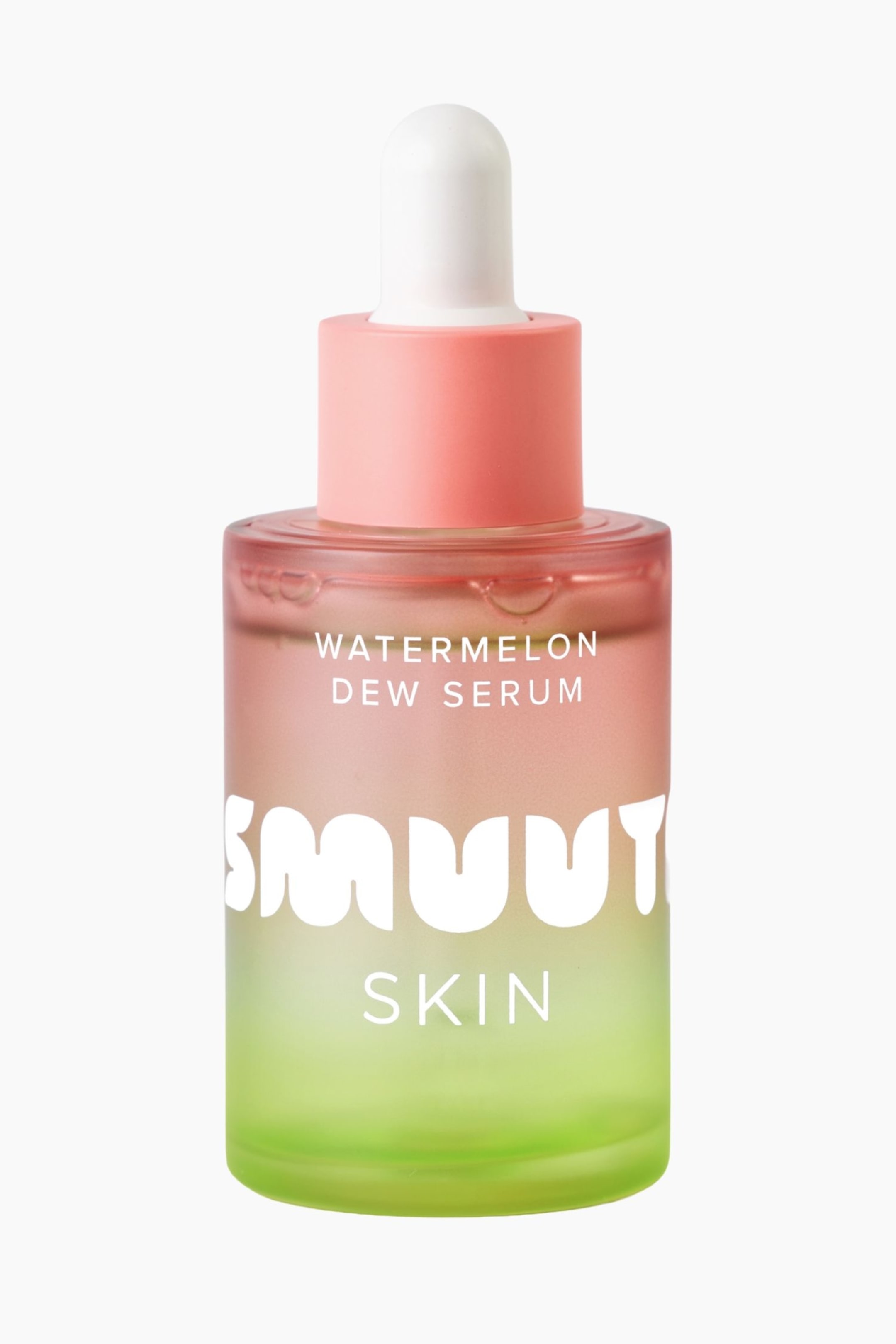 Visa större bild: En flaska Smuuti Skin Watermelon Dew Serum står upprätt och visar upp en frostad glasdesign med en färggradient som övergår från rosa upptill till limegrönt nertill. Flaskan har vit tryckt text med orden "WATERMELON DEW SERUM" och "SMUUTI SKIN" och är komplett med en rosa pipettkrage och en vit gummiboll.