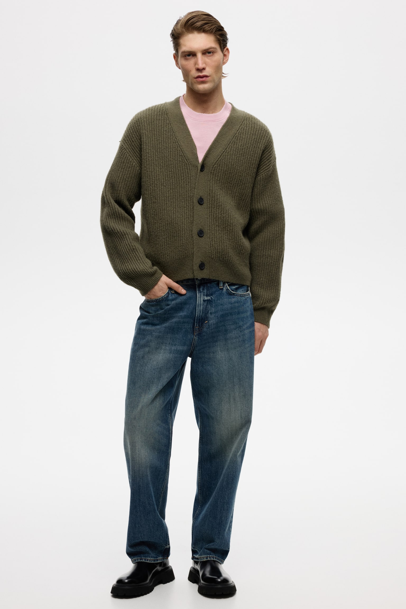 Loose Fit Rib-knit cardigan - Khaki green/Beige/Dark khaki green - 6