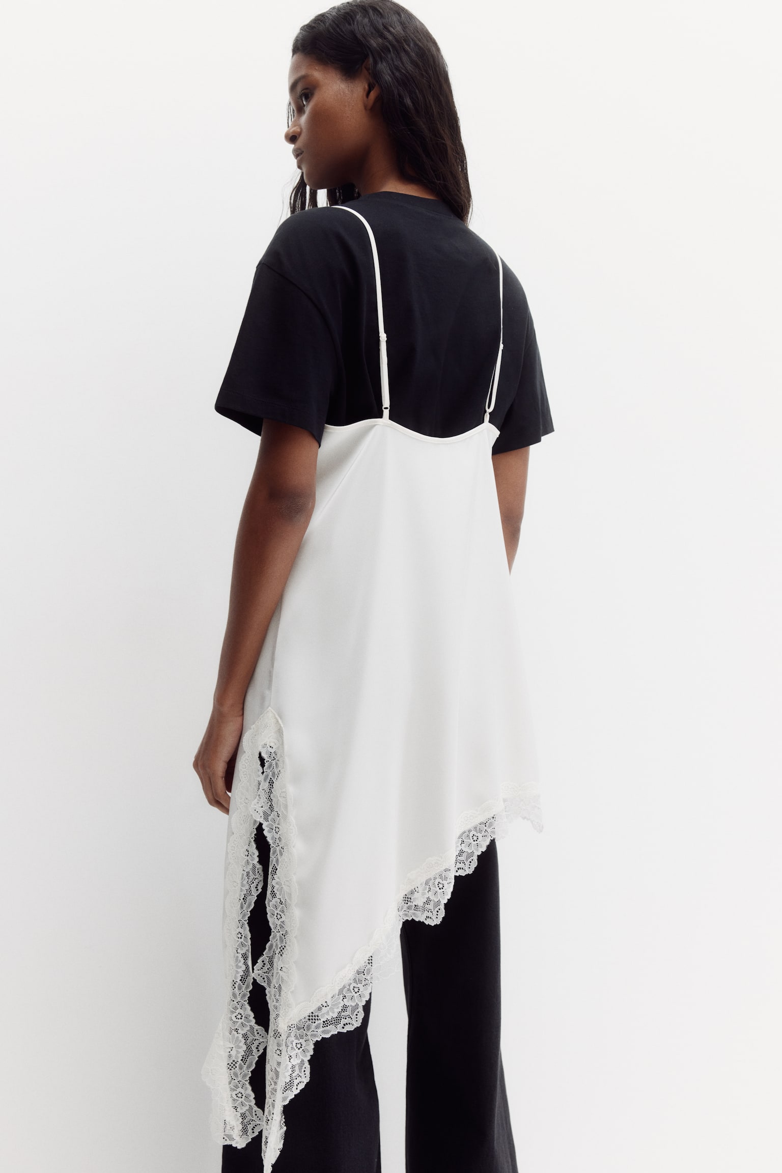 Lace-trimmed satin dress - White/Black - 4