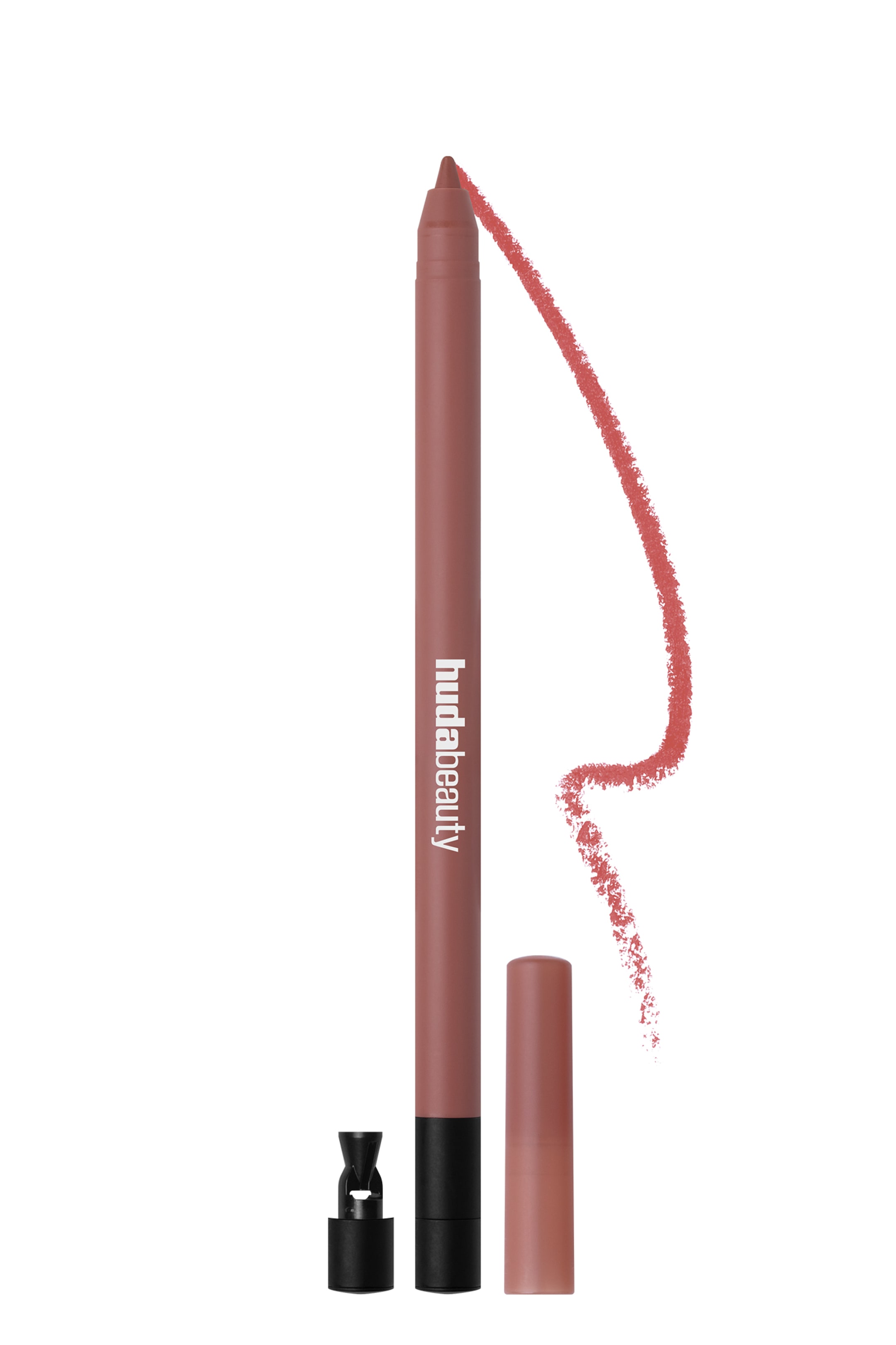 Näytä suurempi kuva: Lip Contour 2.0 Automatic Lip Pencil seisoo pystyasennossa ilman korkkia, ja siinä on mattapintainen malvaanpunainen runko, valkoinen brändäys sekä teroitettu kärki. Yhteensopiva korkki ja pieni musta teroitin lepäävät alareunassa, kun taas teksturoitu, aaltoileva värisävytesti jatkuu kynän kärjestä alas oikeaa reunaa pitkin.