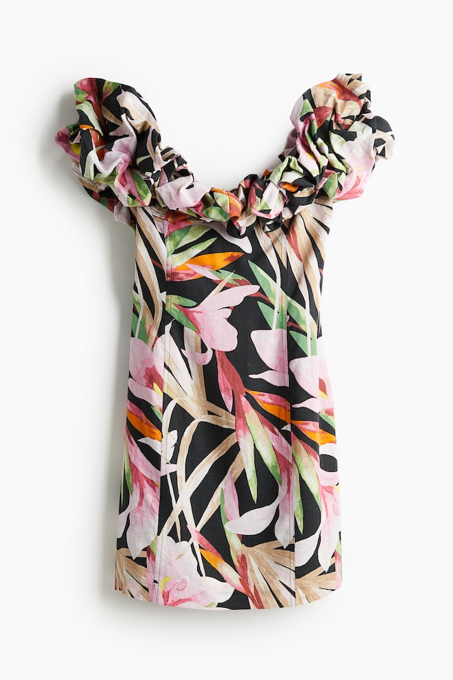 Schulterfreies Kleid mit Volants - Schwarz/Geblümt - 1