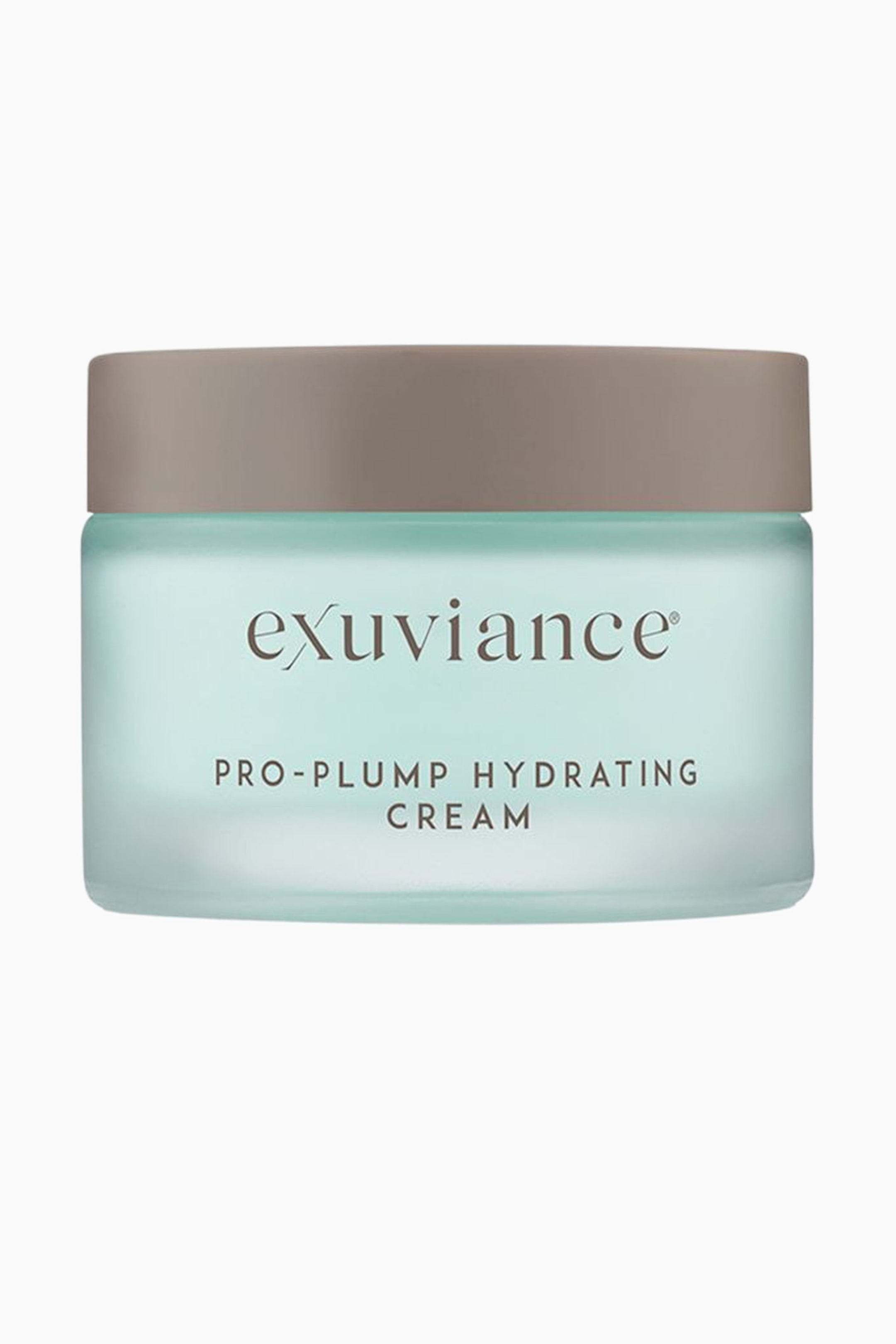 Visa större bild: Burken för Exuviance Pro-Plump Hydrating Cream visar framsidan och har en frostad, genomskinlig, ljust blågrön rektangulär kropp med rundade hörn samt ett matt, taupefärgat skruvlock. Varumärket 'exuviance�' återges i ett mörkbrunt serif-typsnitt, medan 'PRO-PLUMP HYDRATING CREAM' är tryckt i mörkbrun sans-serif nedanför.