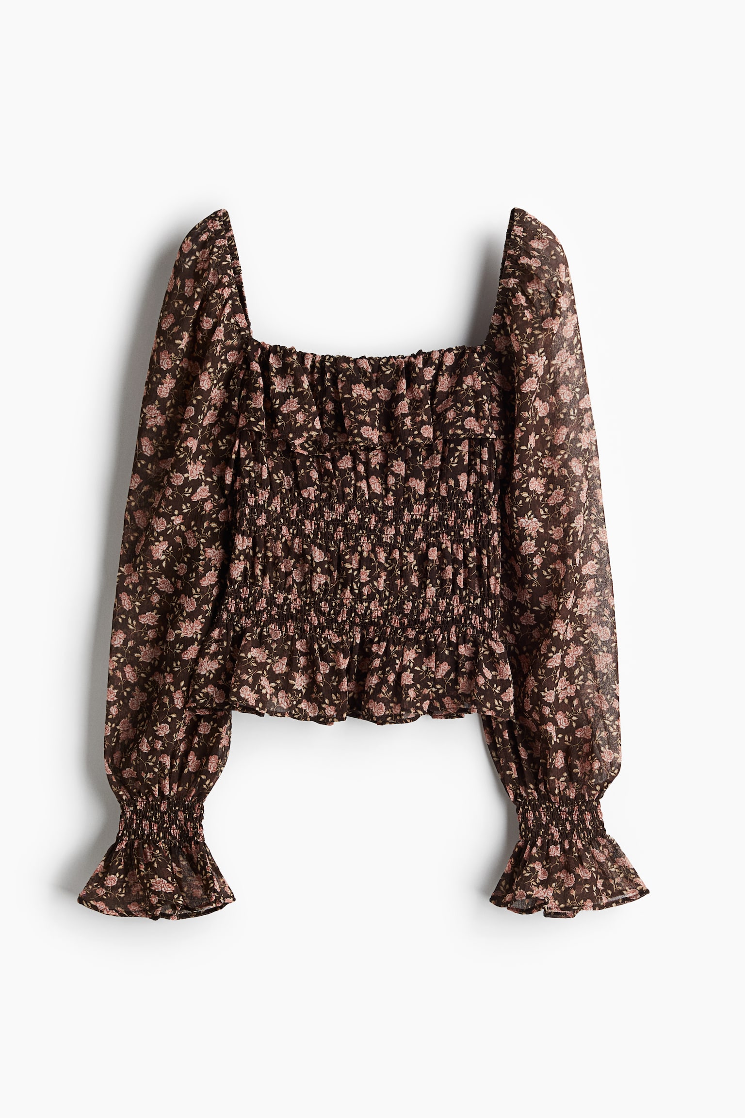 Sheer smocked blouse - Dark brown/Floral/Orange/Cream - 2