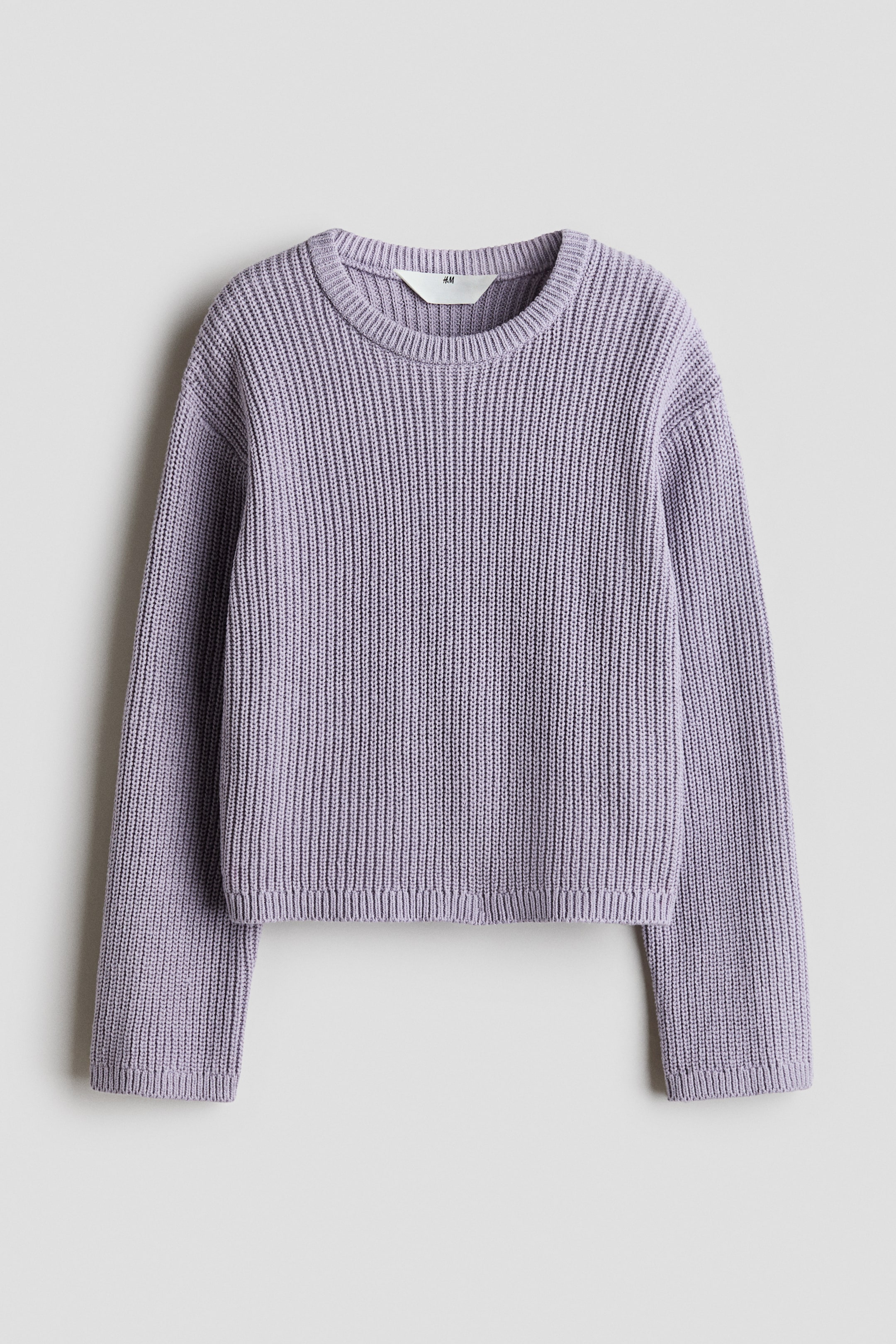 View larger image: A lavender rib knit sweater is laid flat, showcasing its front. It features a round neckline, long sleeves with ribbed cuffs, and a ribbed hem, with a white "H&M" brand tag visible at the back of the neckline.