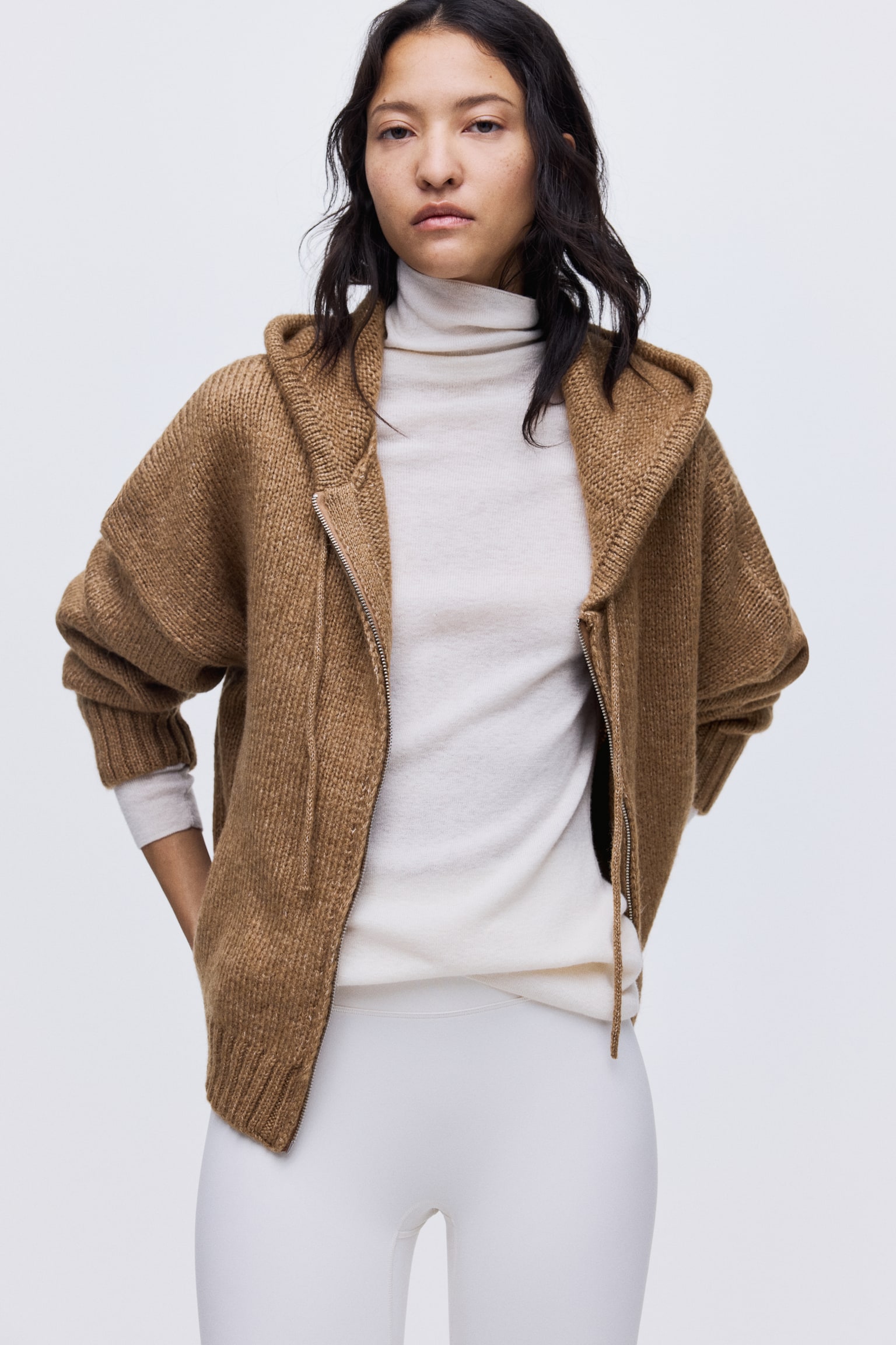 Kapüşonlu ve Fermuarlı Triko Üst - Koyu bej/Krem - 5