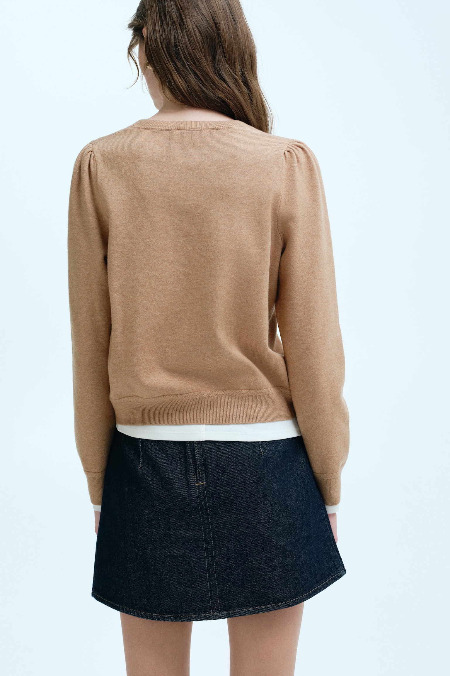 Puff-sleeved jumper - Dark beige/Navy blue/Light beige/Light coral pink - 5