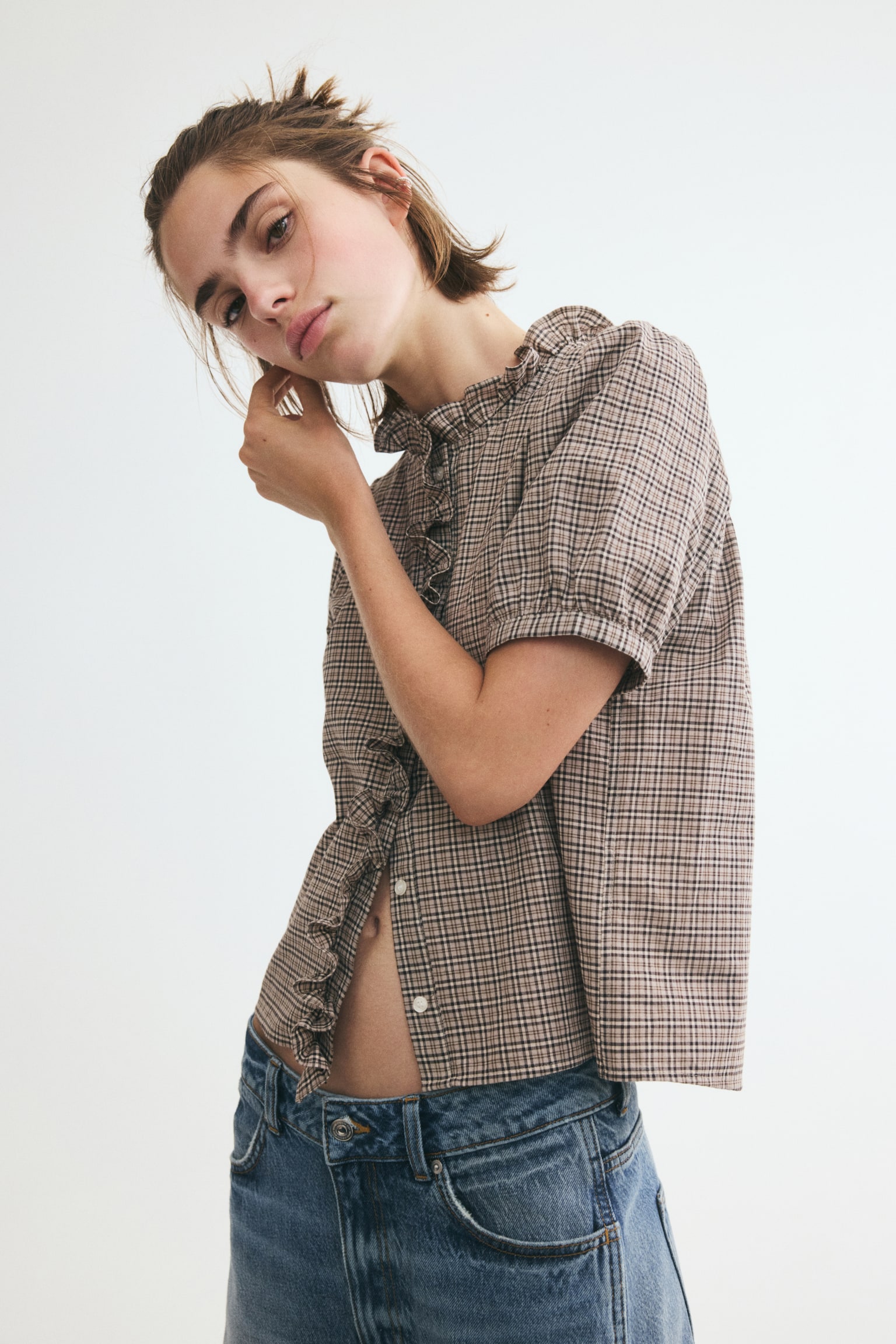 Frill-trimmed cotton blouse - Light mole/Checked/White - 1
