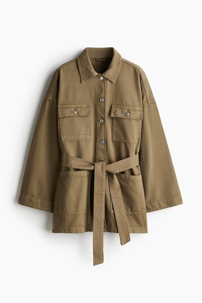 Tie-belt denim jacket - Olive green - 1