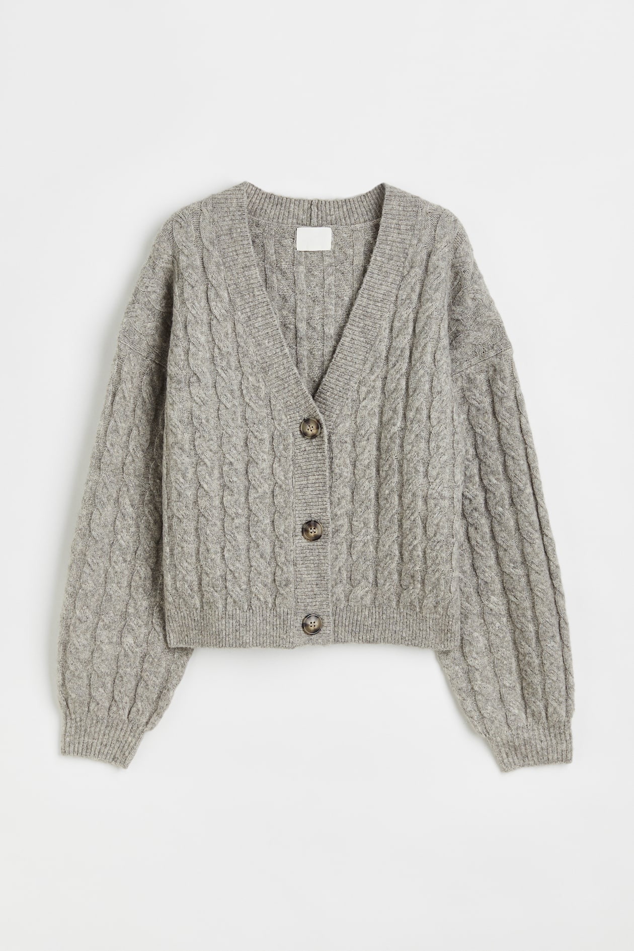 Short Cable-knit Cardigan - V-neck - Long sleeve - Light gray melange ...