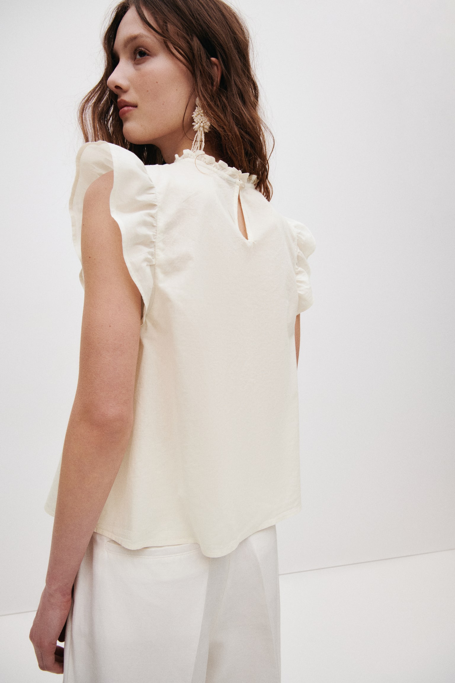 Pintucked cotton top - Cream/Light blue - 4