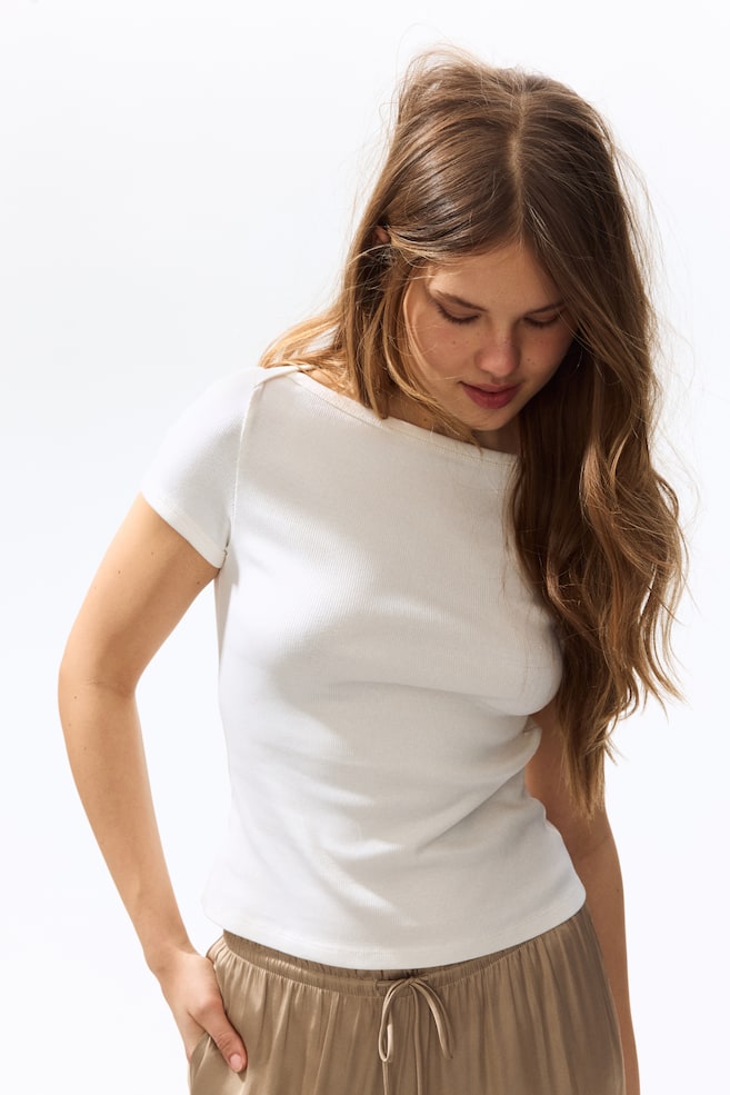 Ribbed Boat-Neck Top-White - 3