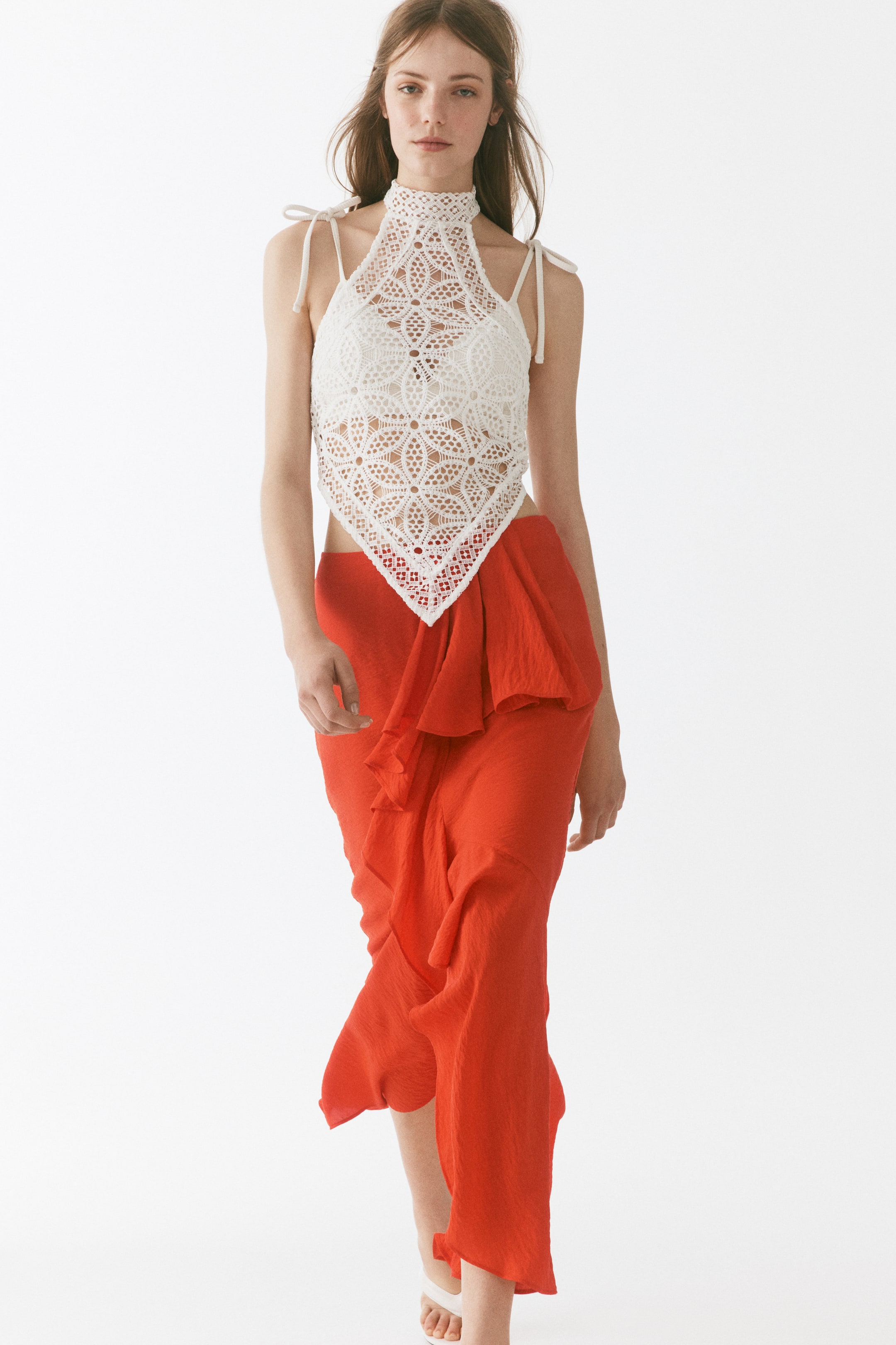 Flounce-trimmed viscose-blend skirt