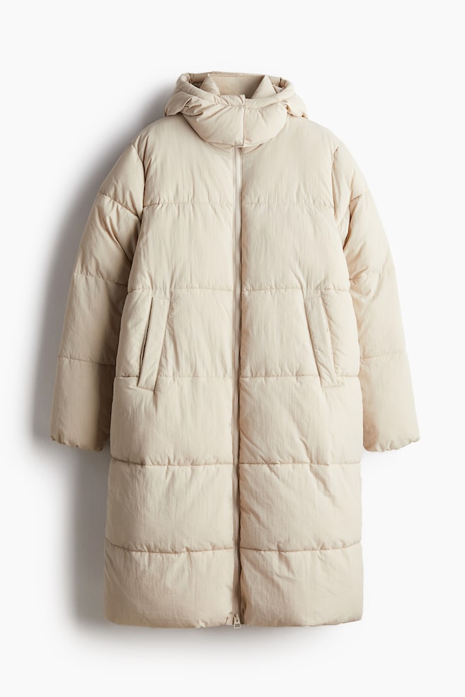 Long puffer jacket - Light beige/Dark khaki green/Black - 1