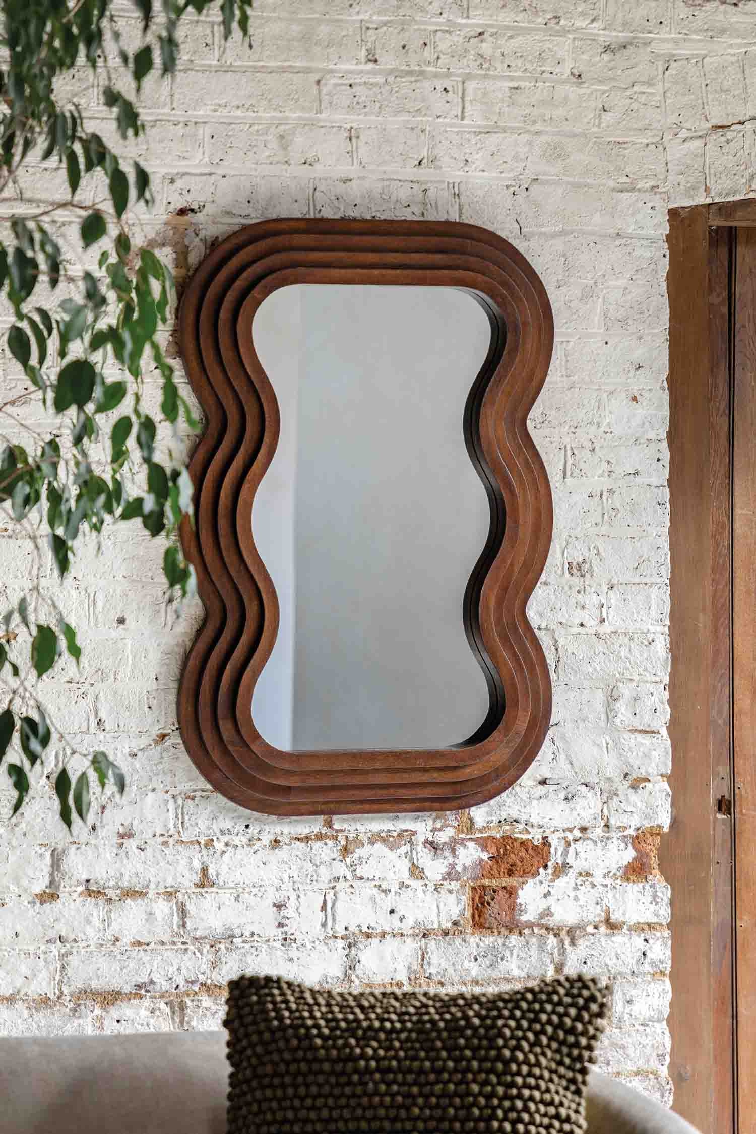 Small Wavy Wooden Mirror - Brown