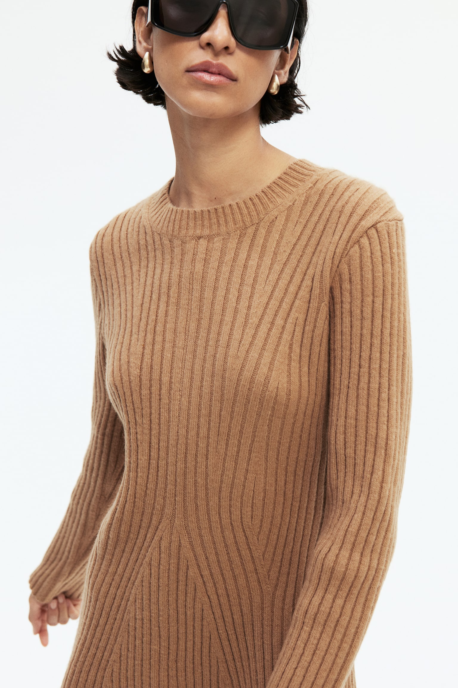 Rib-knit dress - Light brown/Dark khaki green/Grey marl/Light beige marl - 5