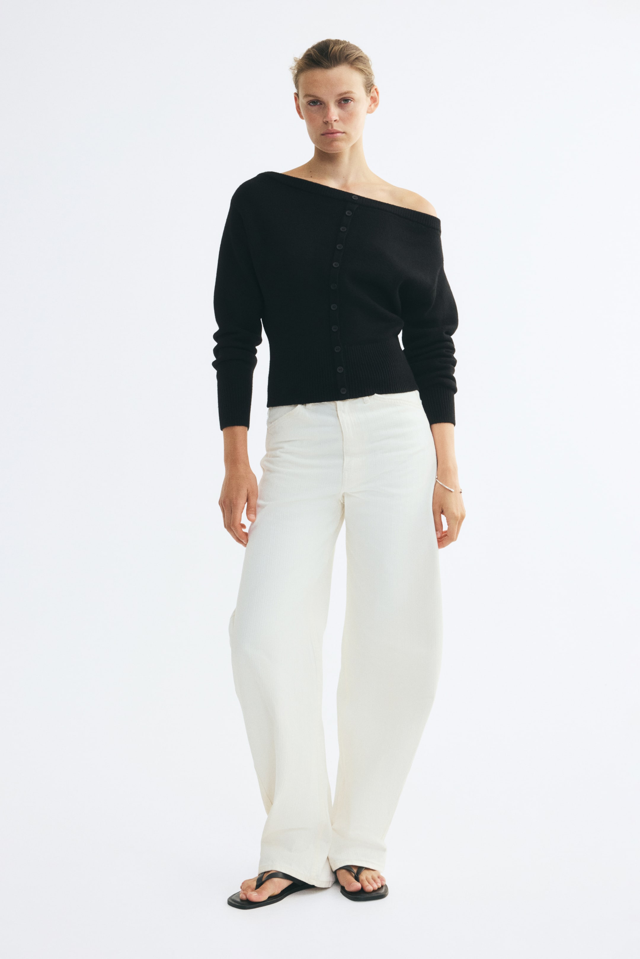 Bouclé-Knit Off-the-Shoulder Cardigan