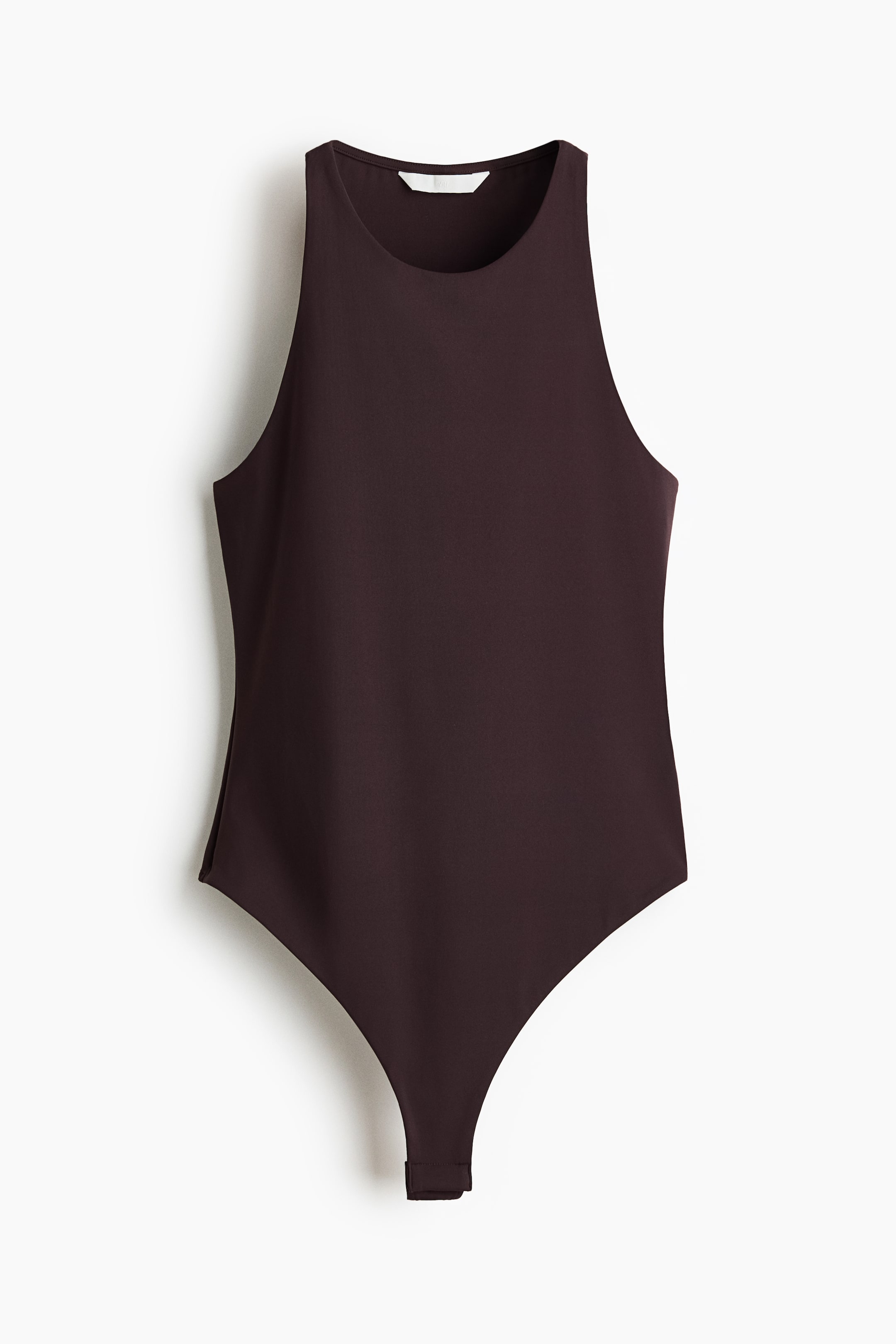 View larger image: A dark brown sleeveless bodysuit is shown from the front, featuring a high crew neck and wide shoulder straps. It showcases a smooth, form-fitting silhouette that finishes in a thong-style bottom with a visible snap closure.