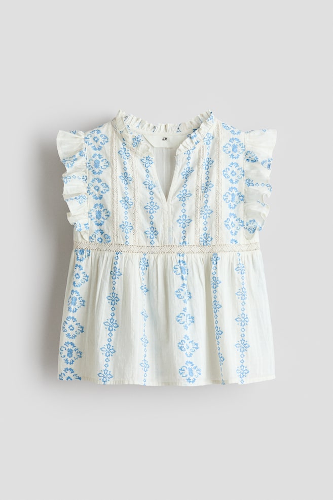 Blouse à manches volantées en coton - Blanc/motif bleu/Rose ancien clair/fleuri - 1