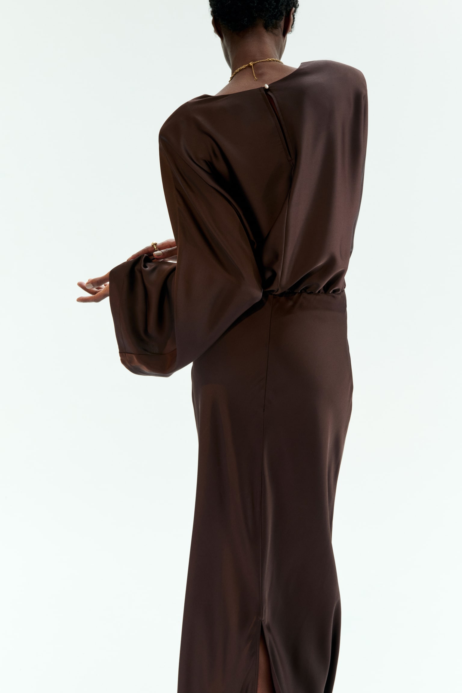 Shoulder-pad satin dress - Dark brown/Light beige - 3
