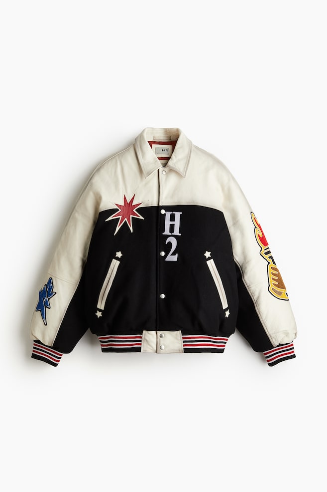 Leather baseball jacket - White/Black - 1